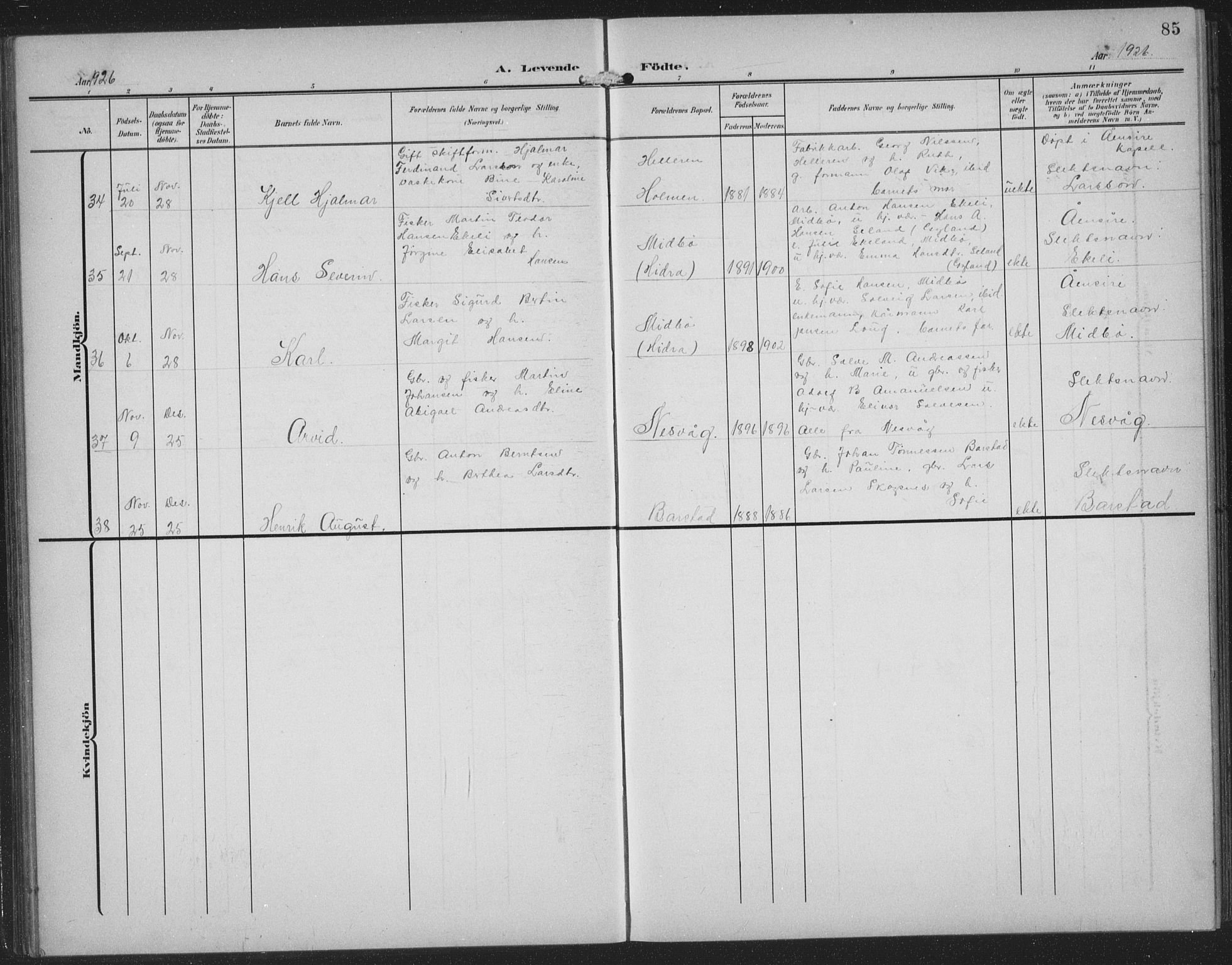 Sokndal sokneprestkontor, AV/SAST-A-101808: Parish register (copy) no. B 8, 1908-1934, p. 85