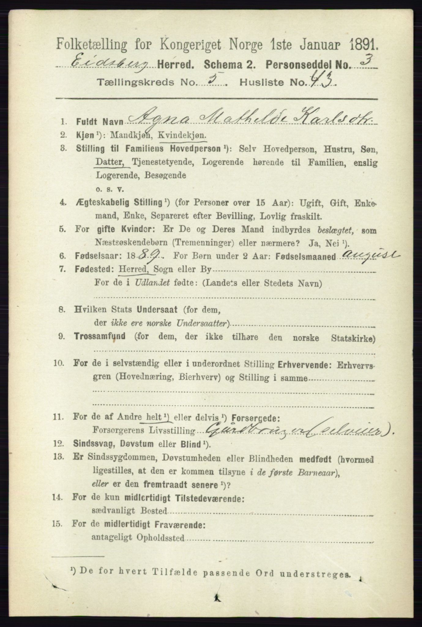 RA, 1891 census for 0125 Eidsberg, 1891, p. 3236