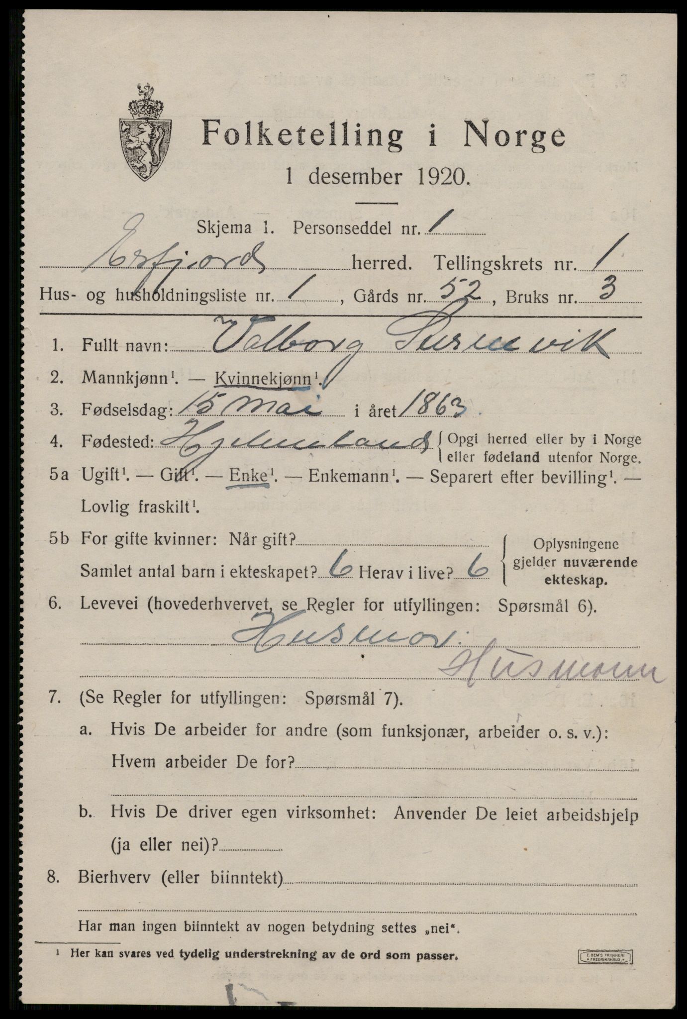 SAST, 1920 census for Erfjord, 1920, p. 271