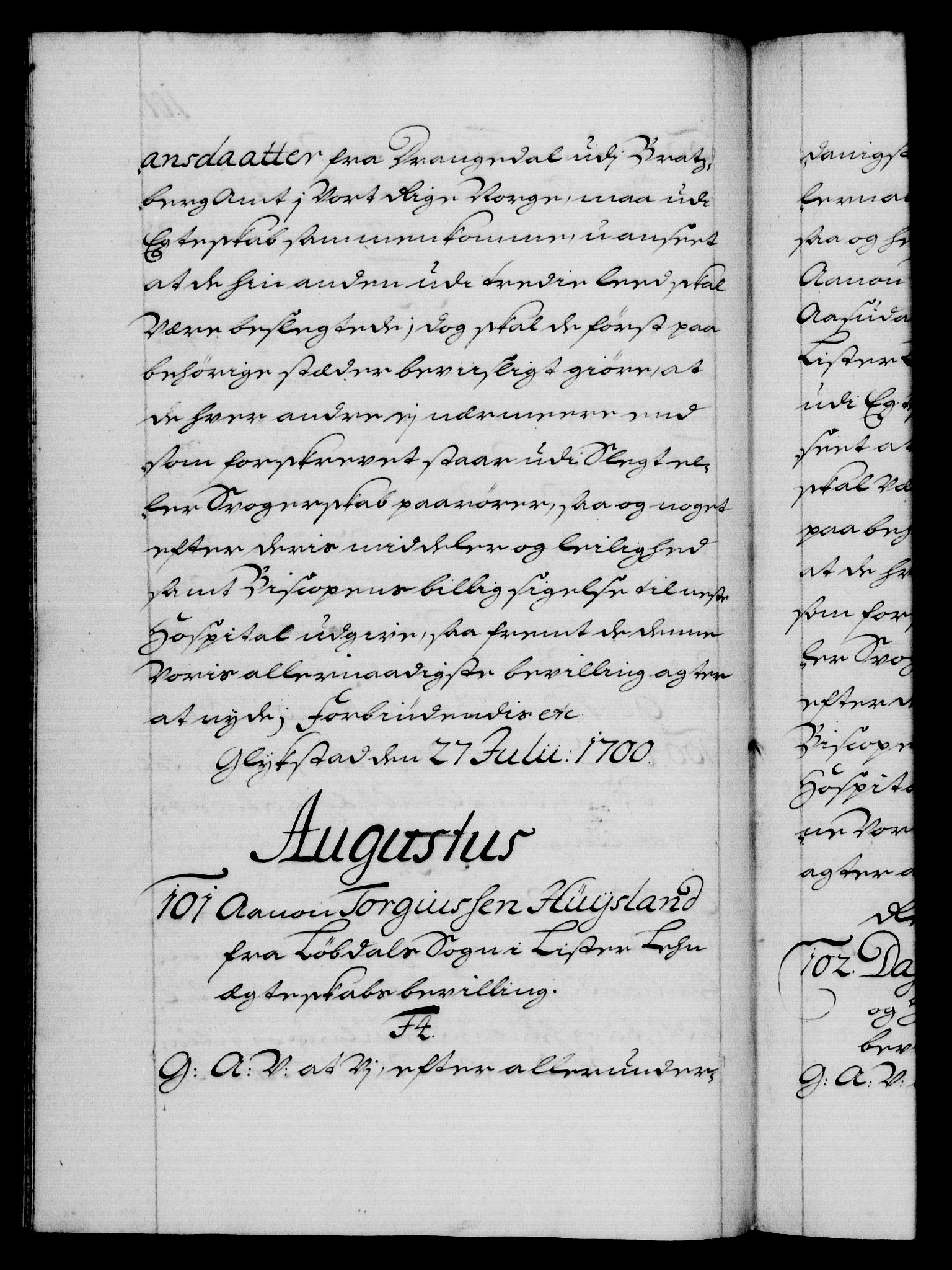 Danske Kanselli 1572-1799, AV/RA-EA-3023/F/Fc/Fca/Fcaa/L0018: Norske registre, 1699-1703, p. 101b