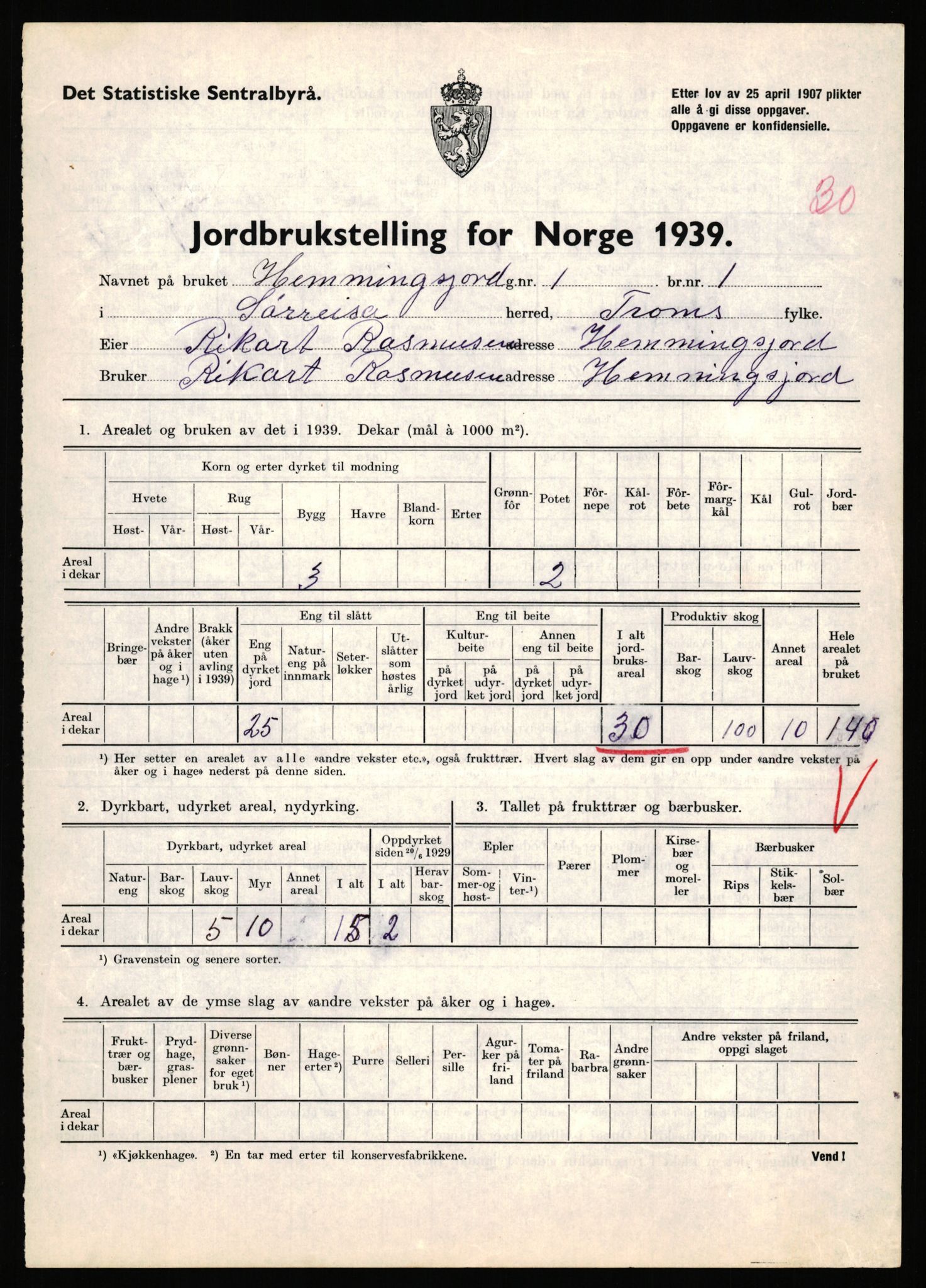 Statistisk sentralbyrå, Næringsøkonomiske emner, Jordbruk, skogbruk, jakt, fiske og fangst, AV/RA-S-2234/G/Gb/L0341: Troms: Sørreisa og Tranøy, 1939, p. 254