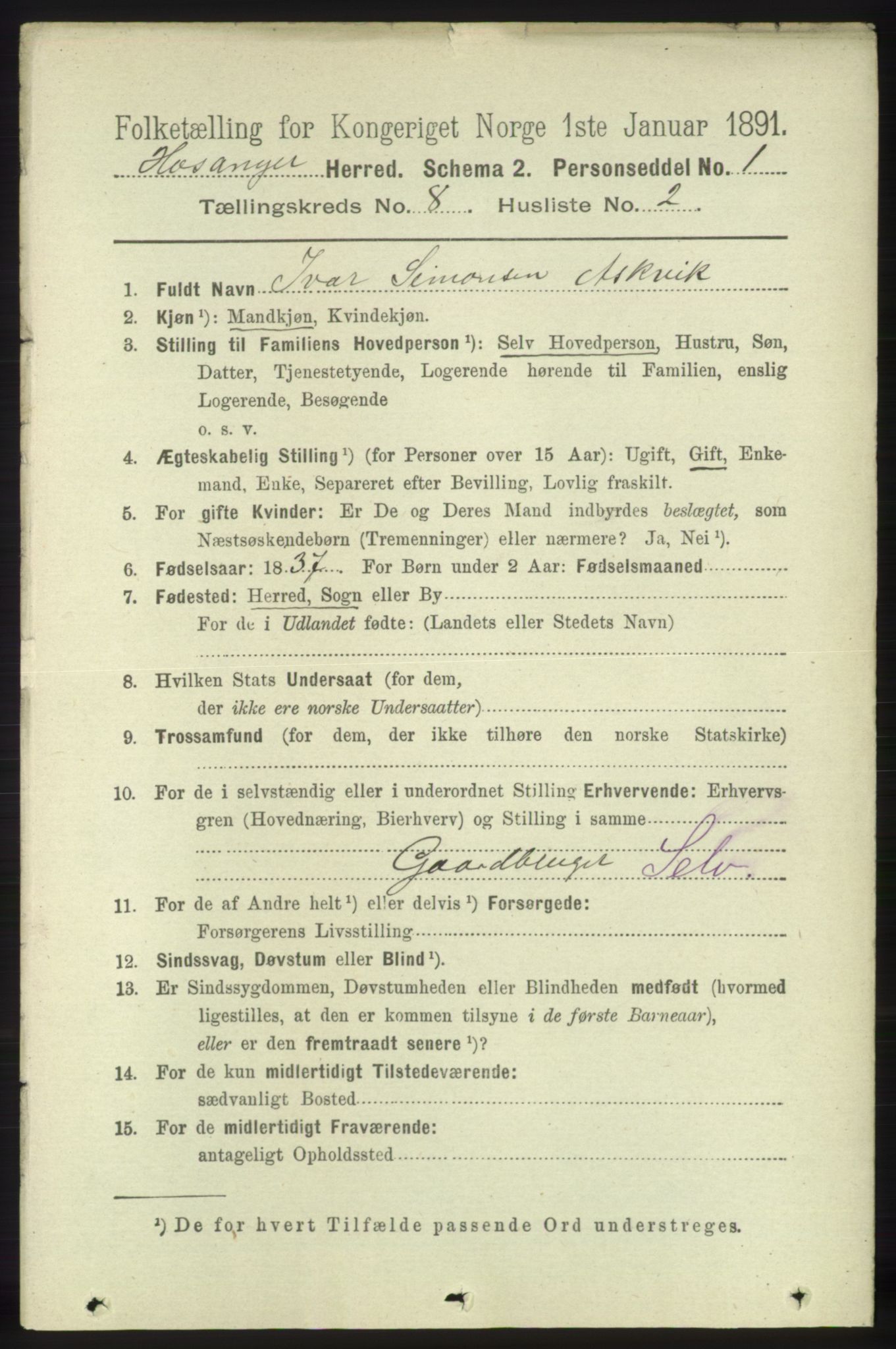 RA, 1891 census for 1253 Hosanger, 1891, p. 2957