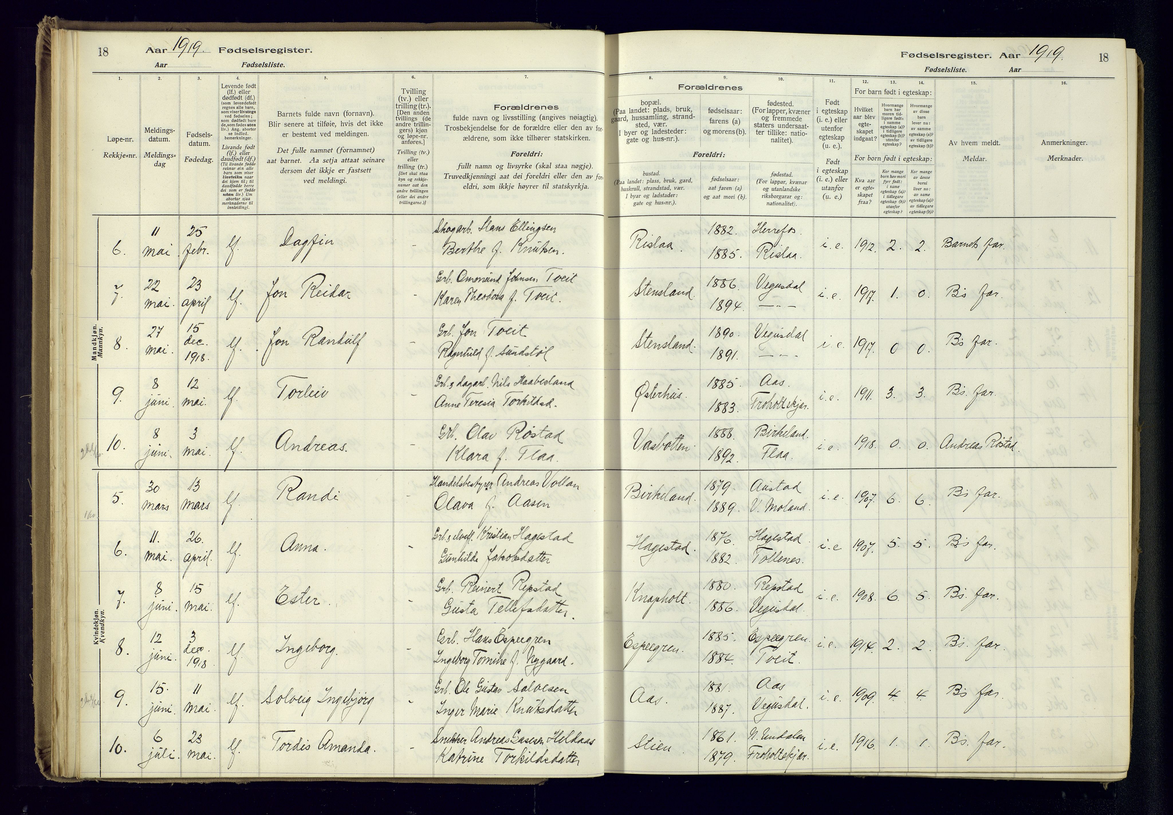 Birkenes sokneprestkontor, SAK/1111-0004/J/Ja/L0001: Birth register no. II.6.4, 1916-1962, p. 18