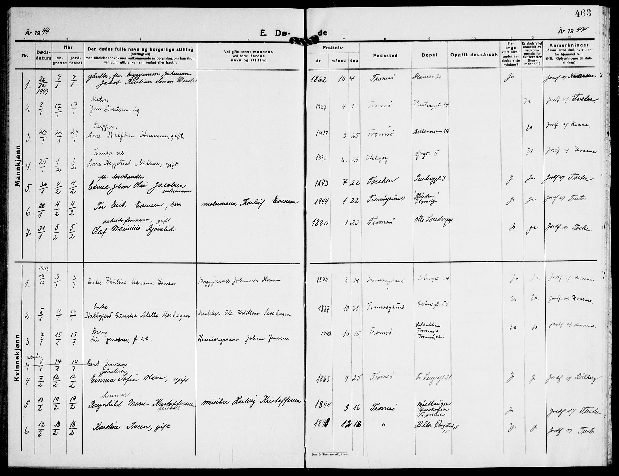 Tromsø sokneprestkontor/stiftsprosti/domprosti, AV/SATØ-S-1343/G/Gb/L0011klokker: Parish register (copy) no. 11, 1942-1944, p. 463