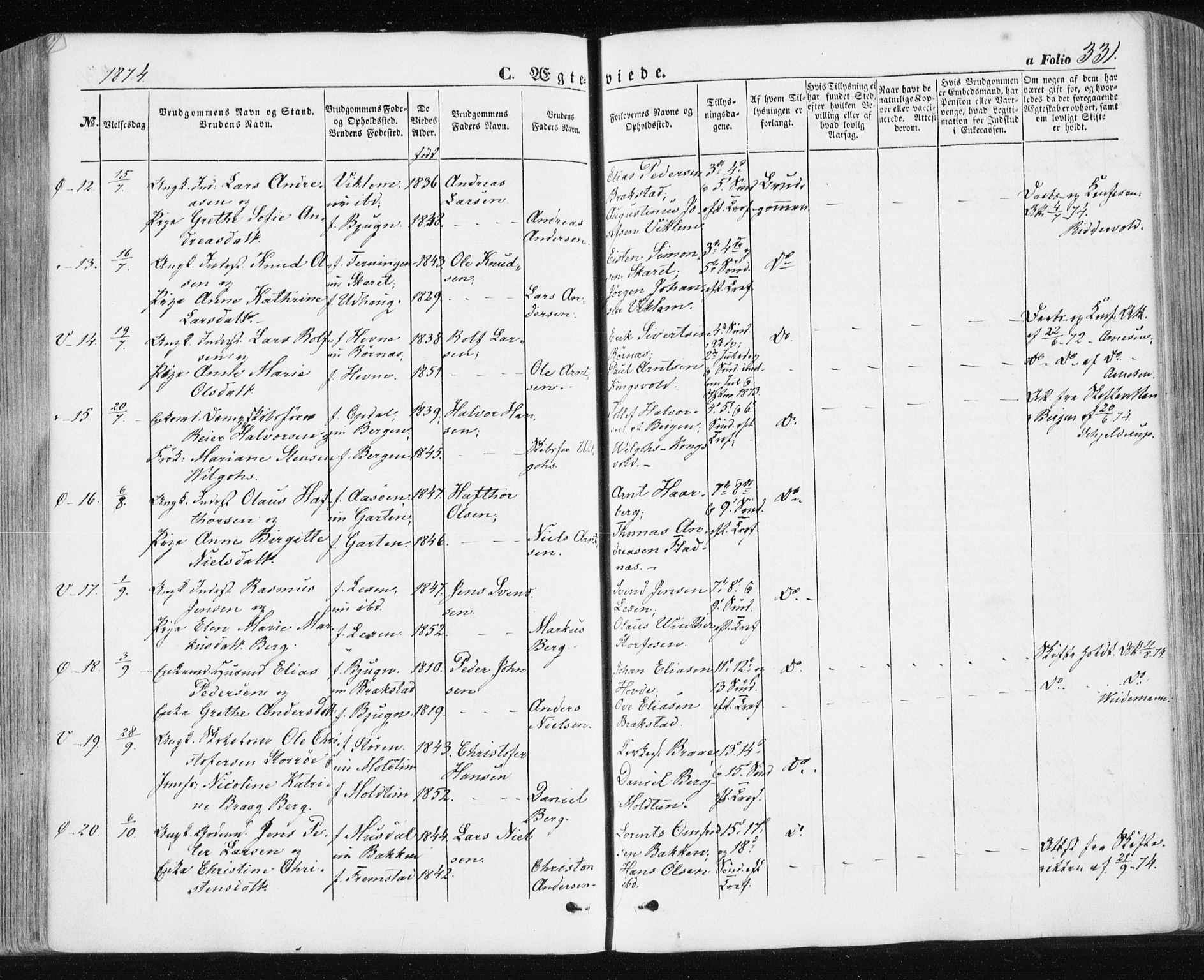 Ministerialprotokoller, klokkerbøker og fødselsregistre - Sør-Trøndelag, SAT/A-1456/659/L0737: Parish register (official) no. 659A07, 1857-1875, p. 331
