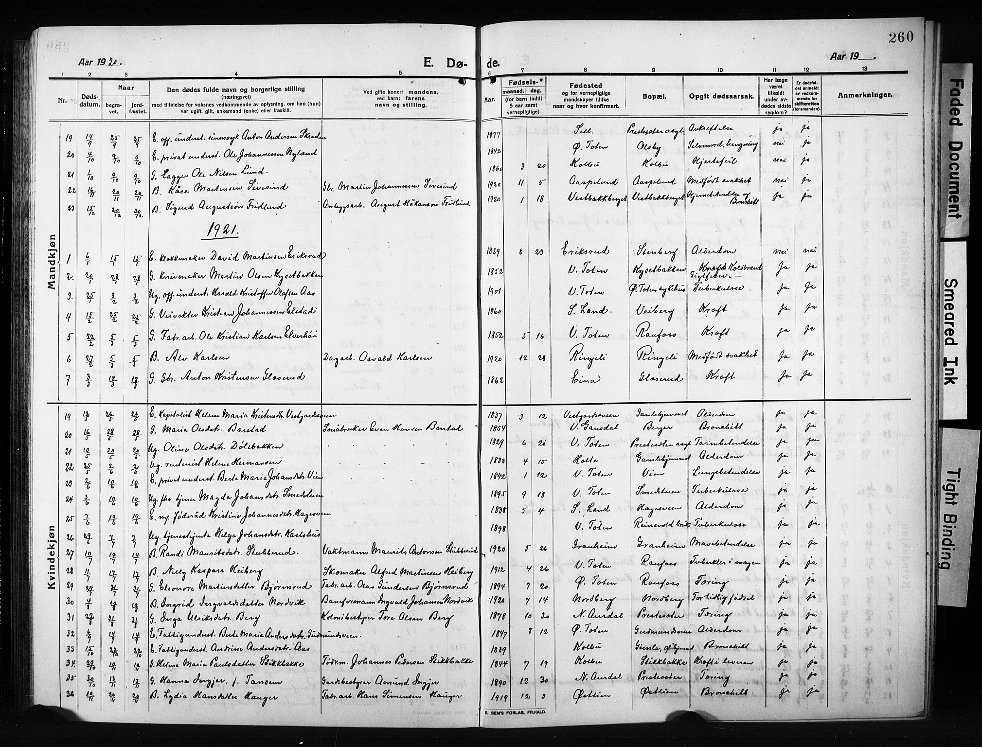 Vestre Toten prestekontor, AV/SAH-PREST-108/H/Ha/Hab/L0012: Parish register (copy) no. 12, 1909-1928, p. 260