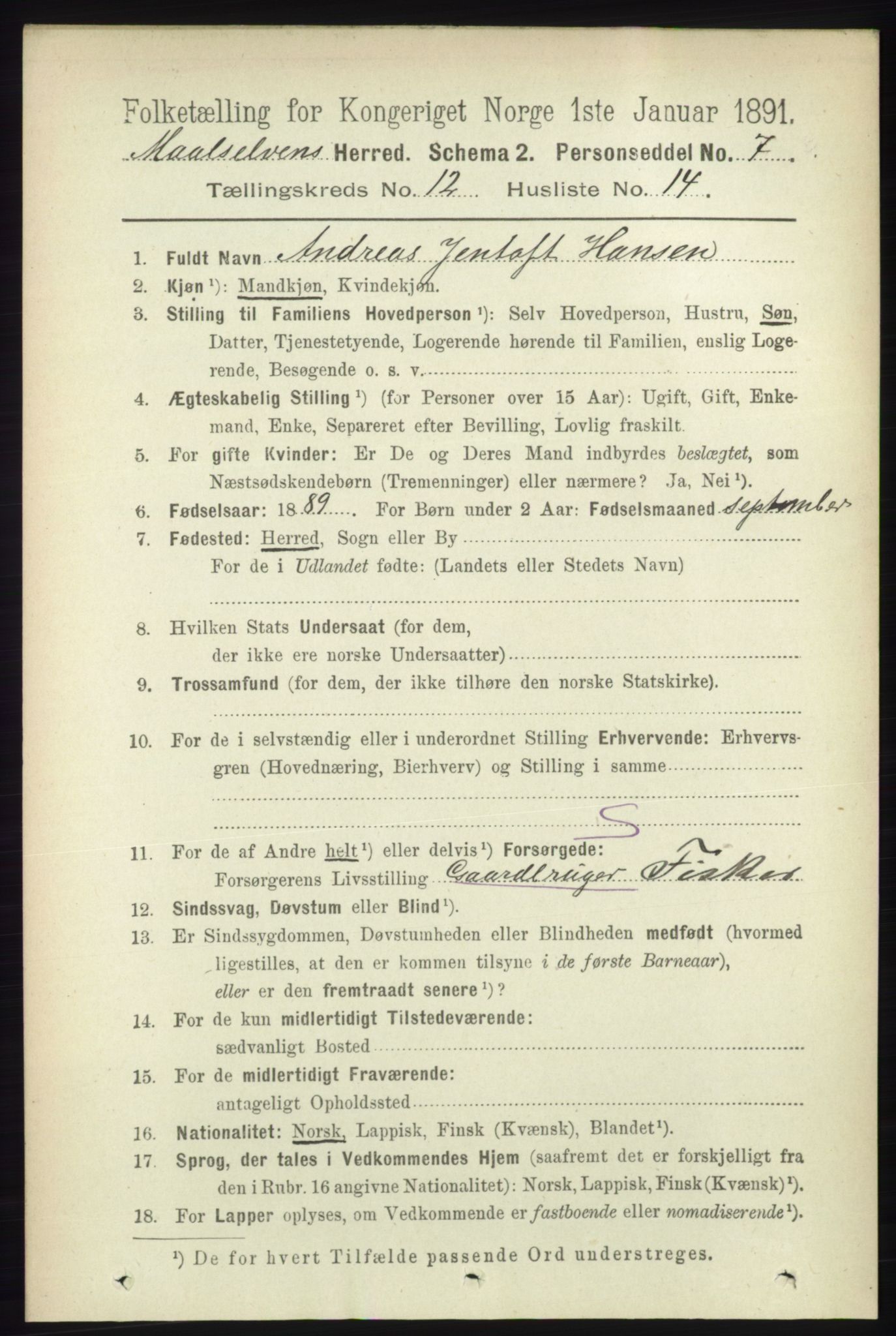 RA, 1891 census for 1924 Målselv, 1891, p. 3887
