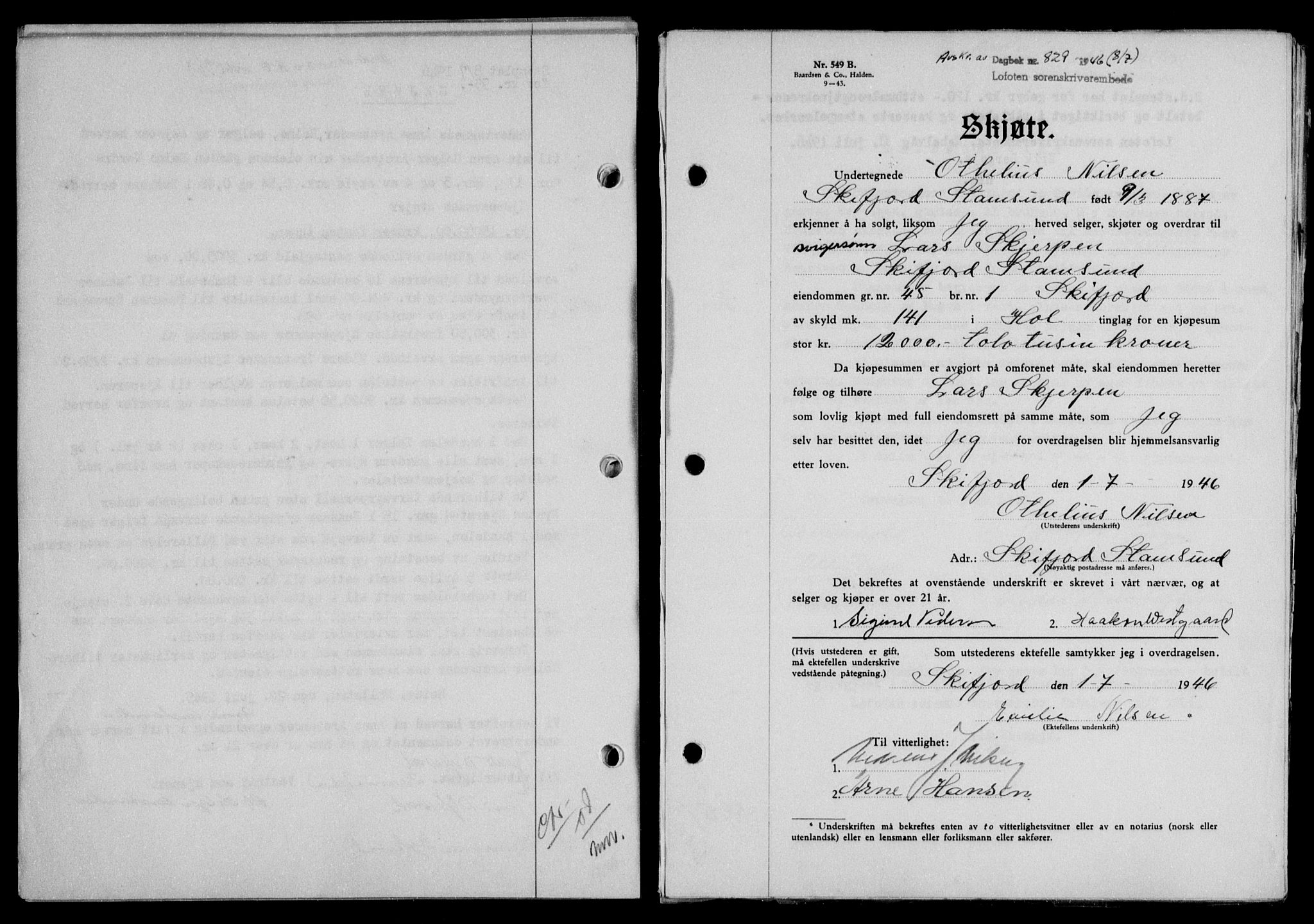 Lofoten sorenskriveri, SAT/A-0017/1/2/2C/L0014a: Mortgage book no. 14a, 1946-1946, Diary no: : 829/1946