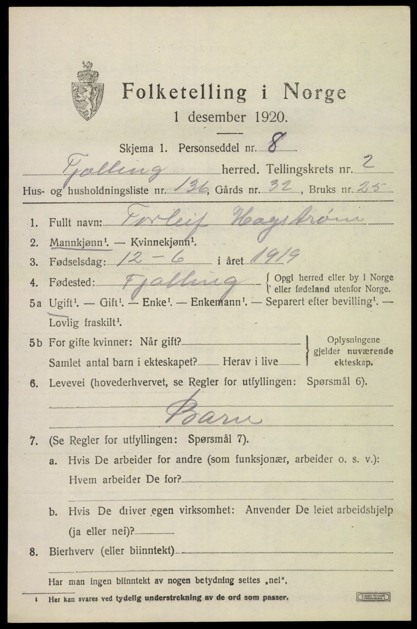 SAKO, 1920 census for Tjølling, 1920, p. 6821