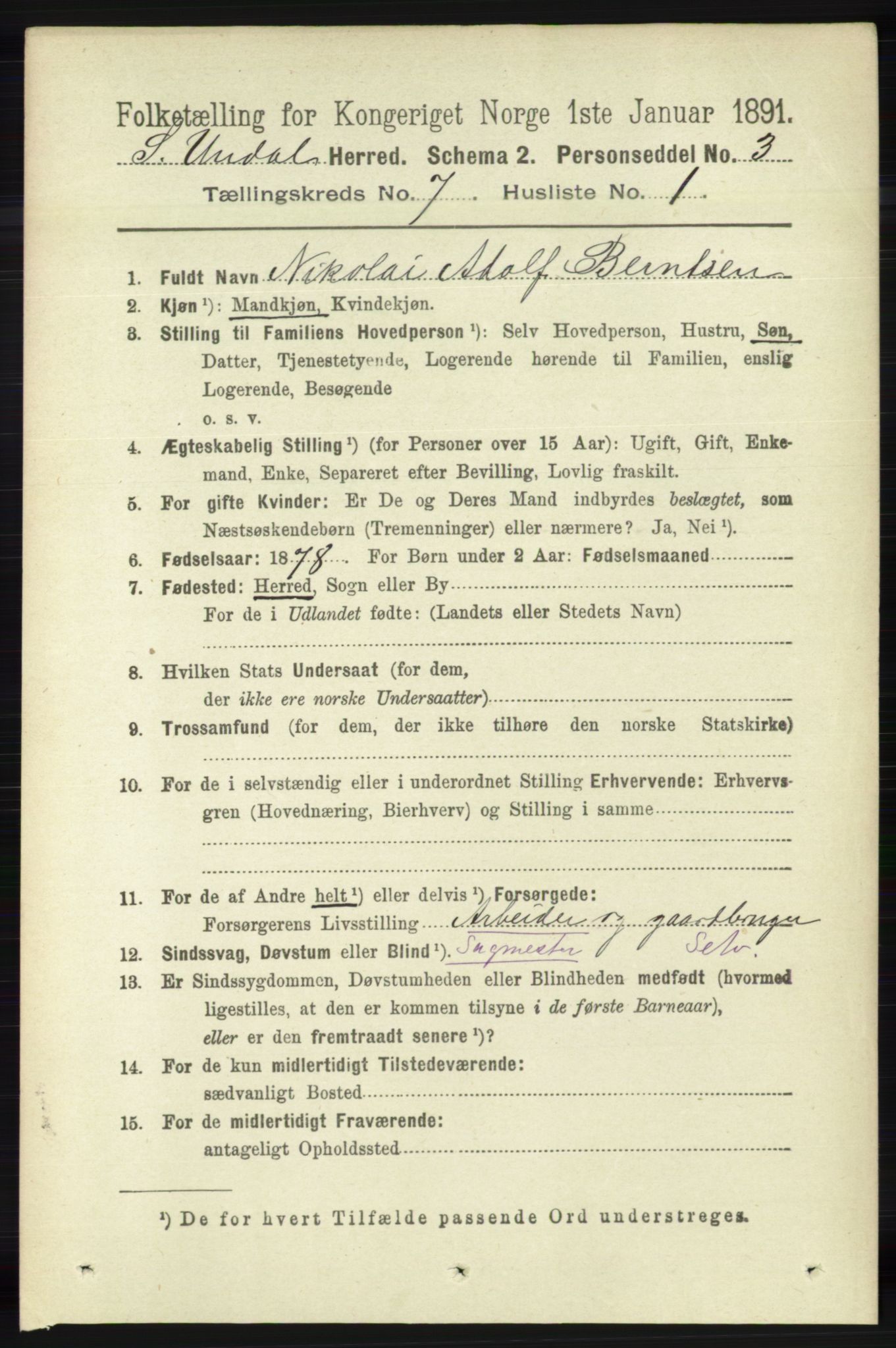 RA, 1891 census for 1029 Sør-Audnedal, 1891, p. 2624