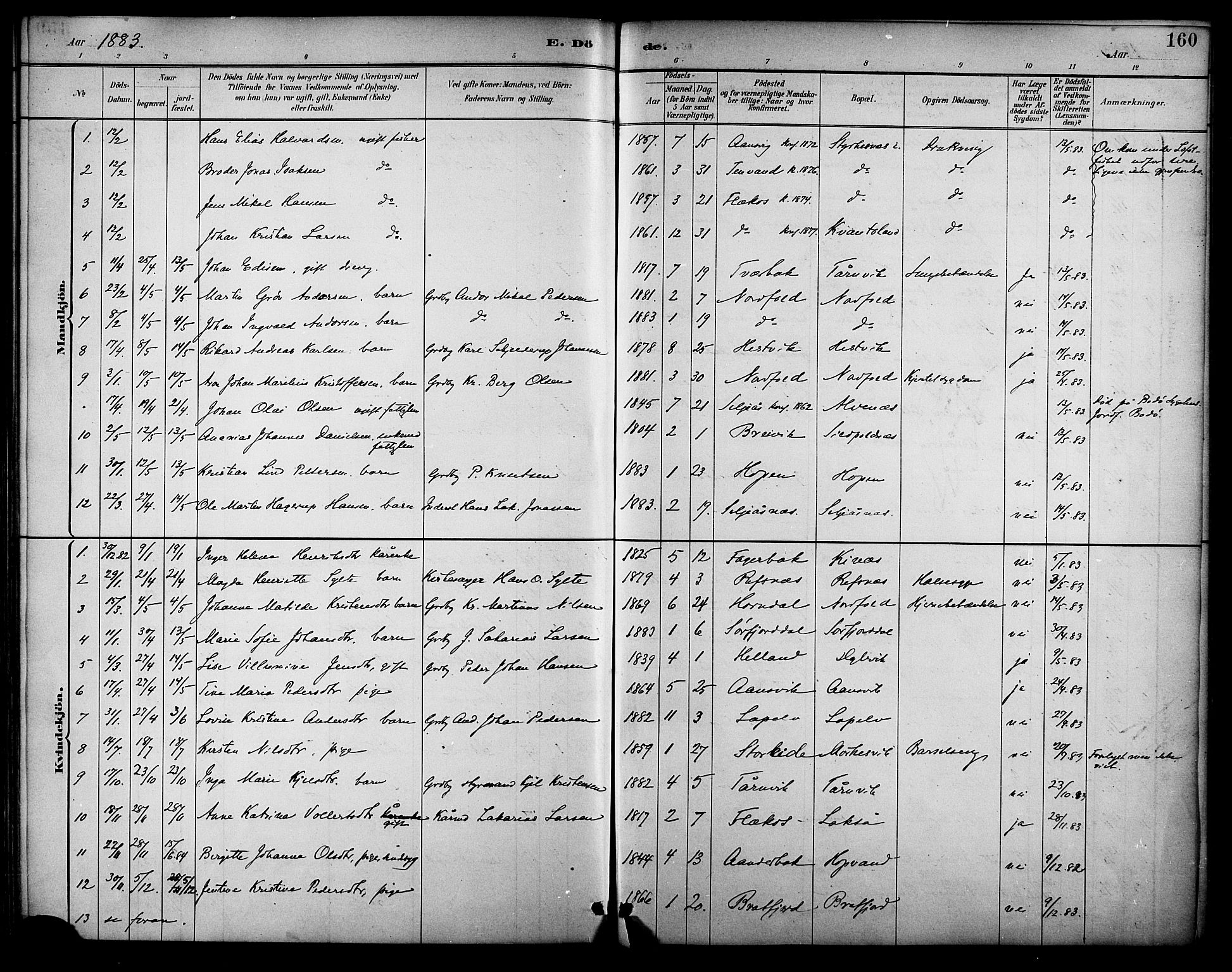 Ministerialprotokoller, klokkerbøker og fødselsregistre - Nordland, SAT/A-1459/854/L0778: Parish register (official) no. 854A01 /2, 1881-1888, p. 160