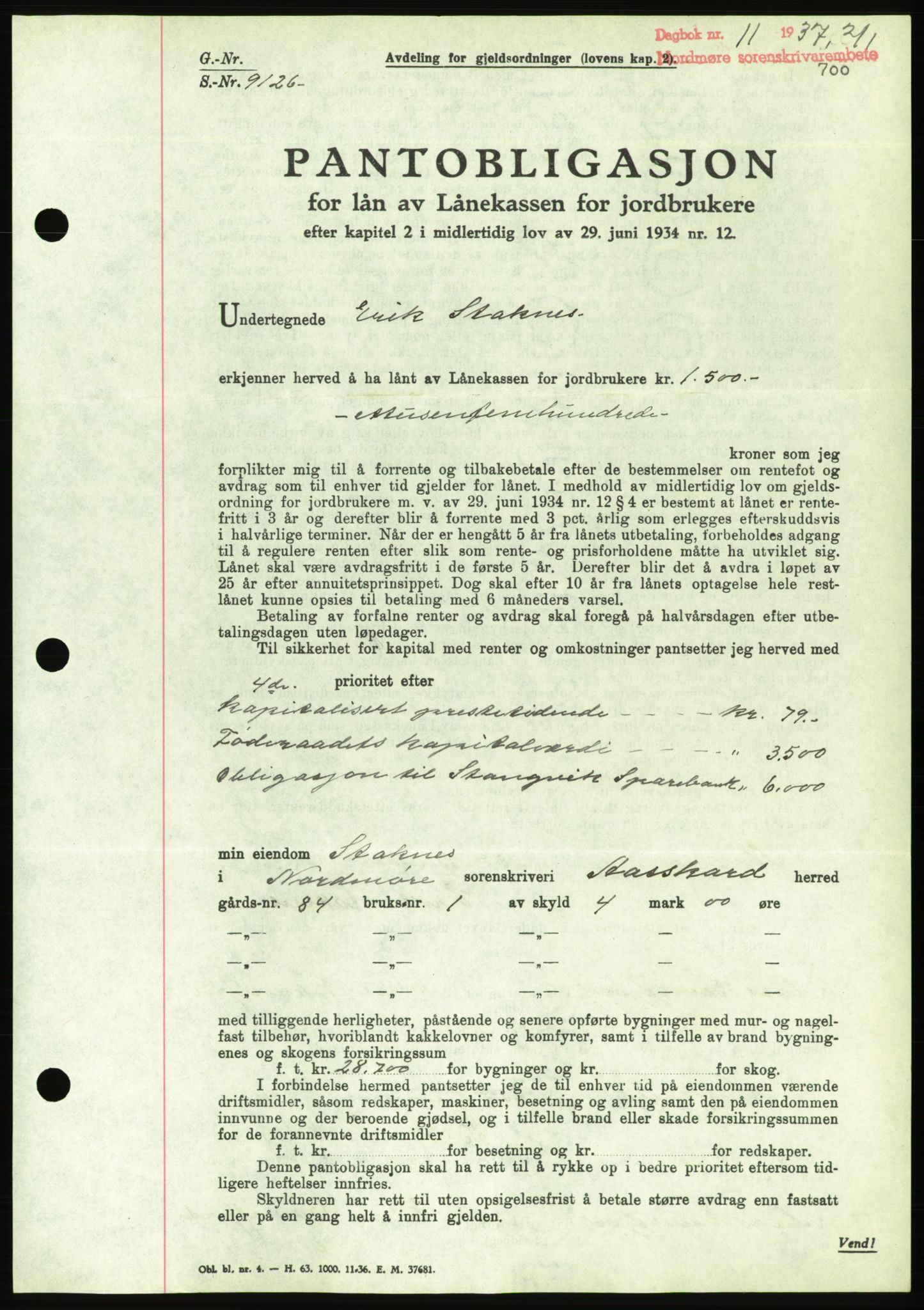 Nordmøre sorenskriveri, AV/SAT-A-4132/1/2/2Ca/L0090: Mortgage book no. B80, 1936-1937, Diary no: : 11/1937