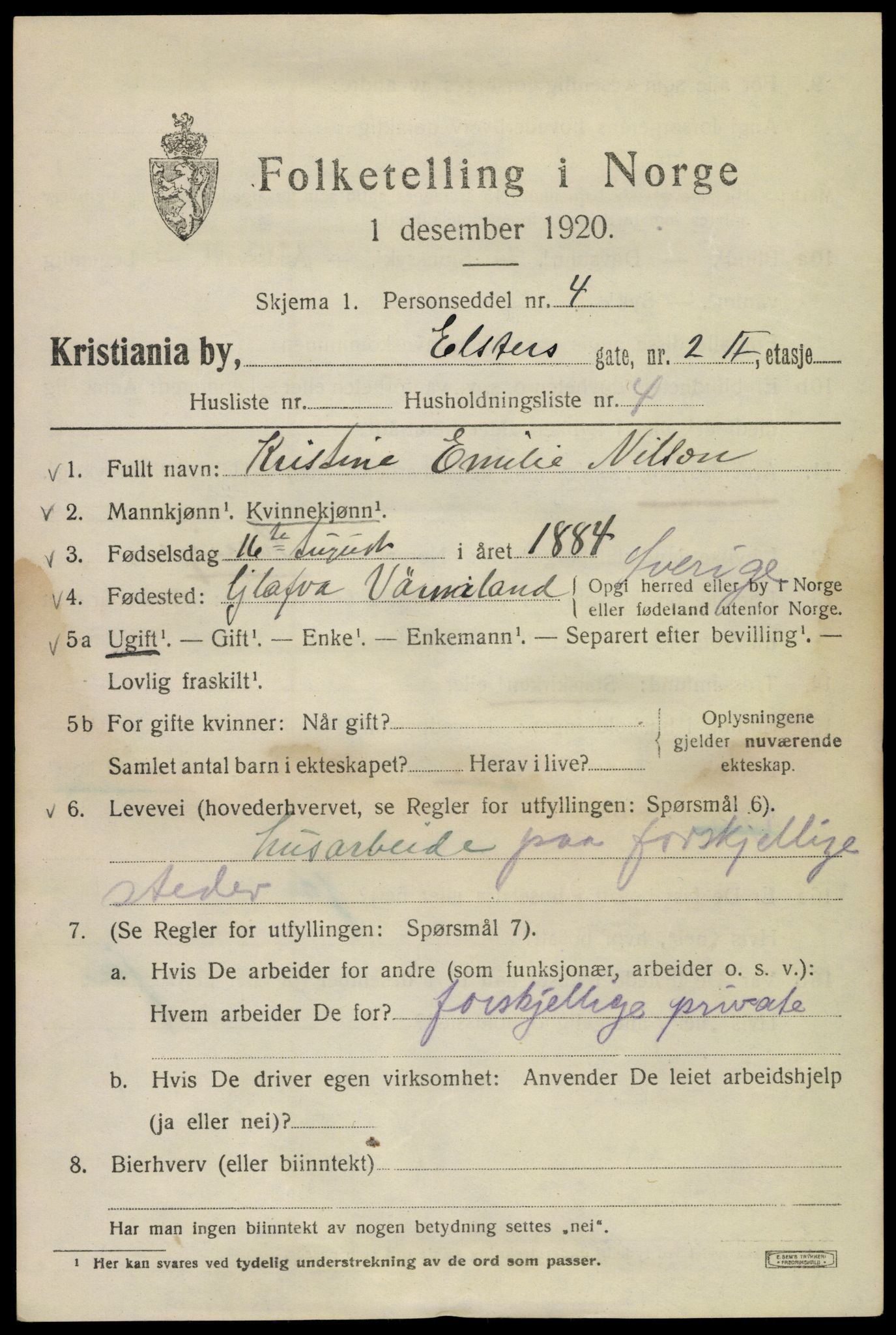 SAO, 1920 census for Kristiania, 1920, p. 215069