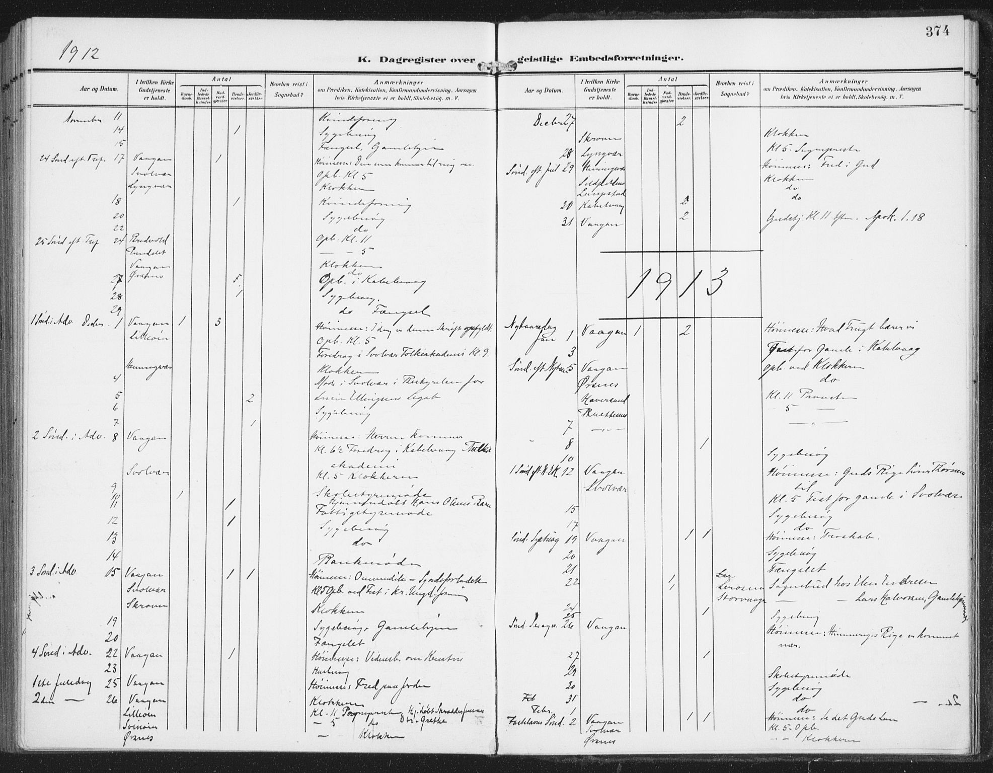 Ministerialprotokoller, klokkerbøker og fødselsregistre - Nordland, SAT/A-1459/874/L1063: Parish register (official) no. 874A07, 1907-1915, p. 374