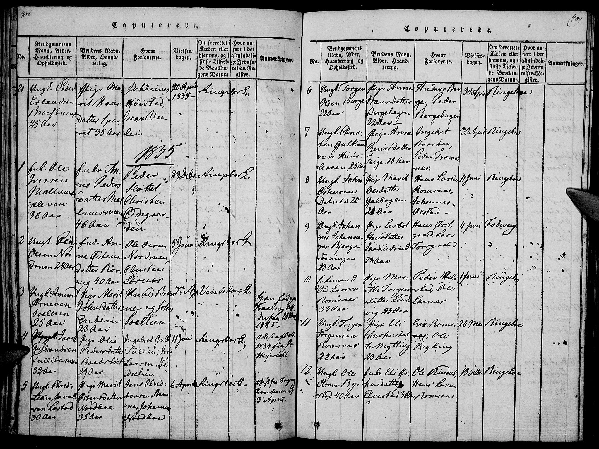 Ringebu prestekontor, SAH/PREST-082/H/Ha/Haa/L0004: Parish register (official) no. 4, 1821-1839, p. 408-409