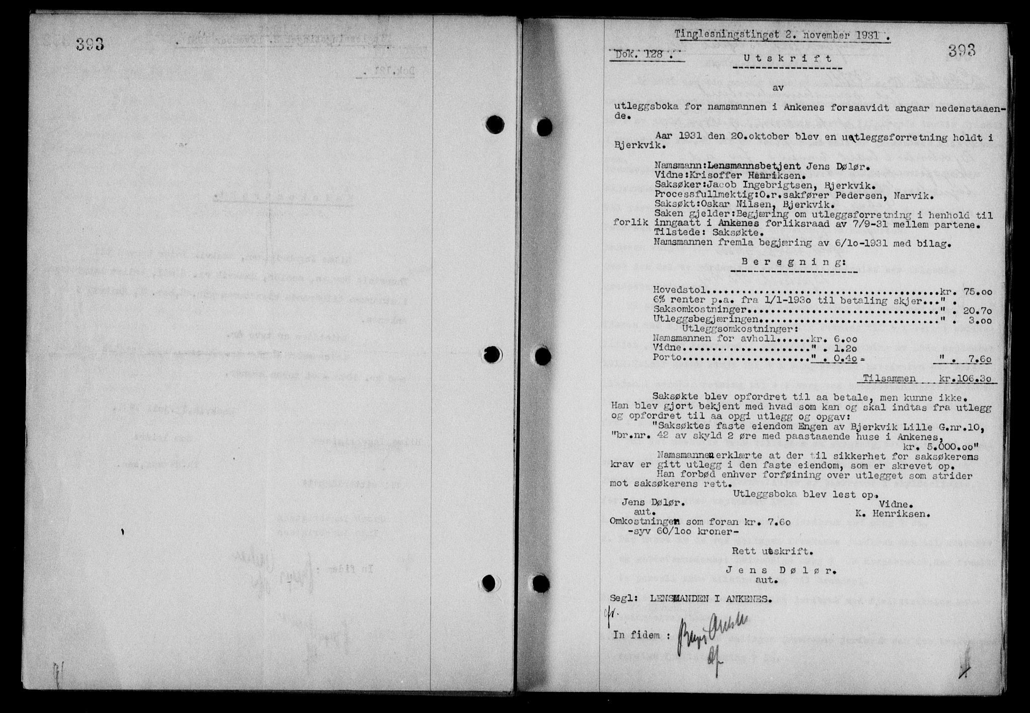 Steigen og Ofoten sorenskriveri, SAT/A-0030/1/2/2C/L0019: Mortgage book no. 22, 1931-1931, Deed date: 02.11.1931