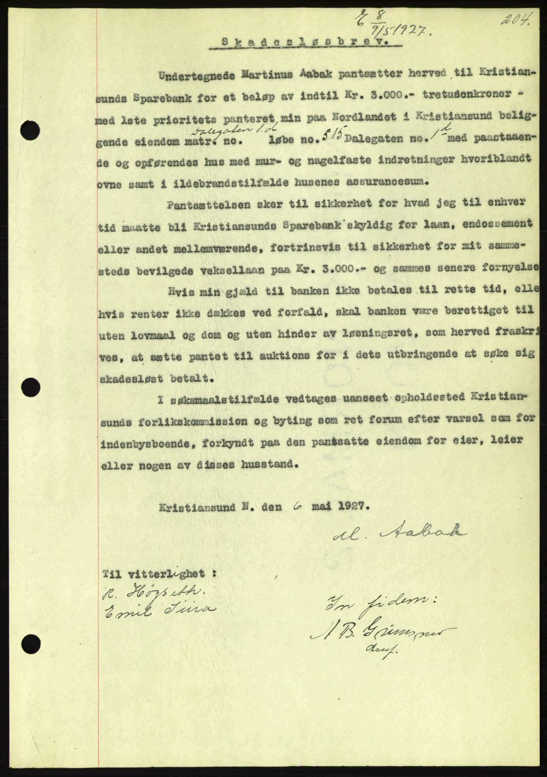 Kristiansund byfogd, AV/SAT-A-4587/A/27: Mortgage book no. 21, 1926-1928, Deed date: 09.05.1927