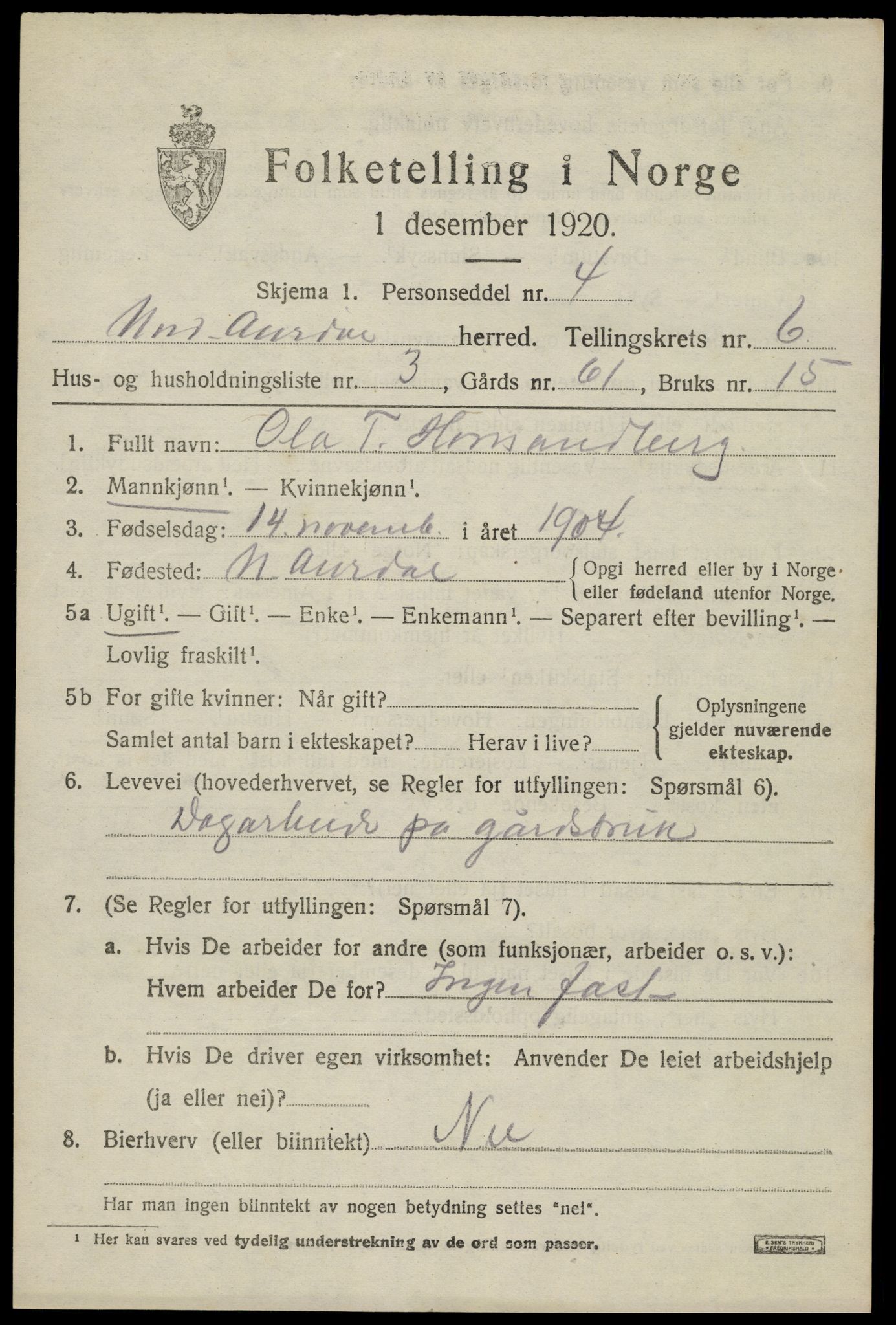 SAH, 1920 census for Nord-Aurdal, 1920, p. 5564