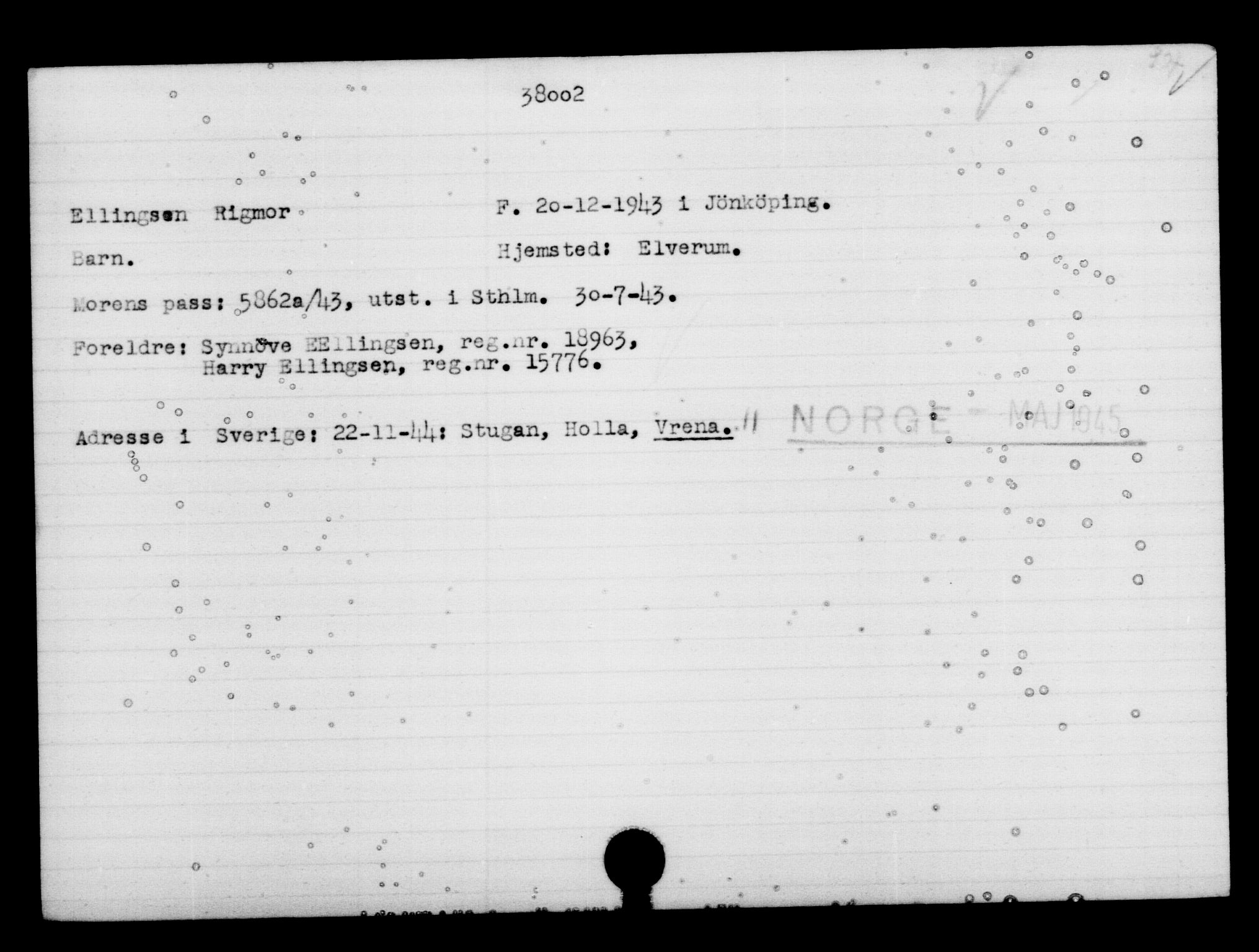 Utenriksstasjonene, Legasjonen i Stockholm, Flyktningkontoret, AV/RA-S-6753/V/Va/L0015: Kjesäterkartoteket, flyktninger med registreringsnr. 37800-40770, 1940-1945, p. 205