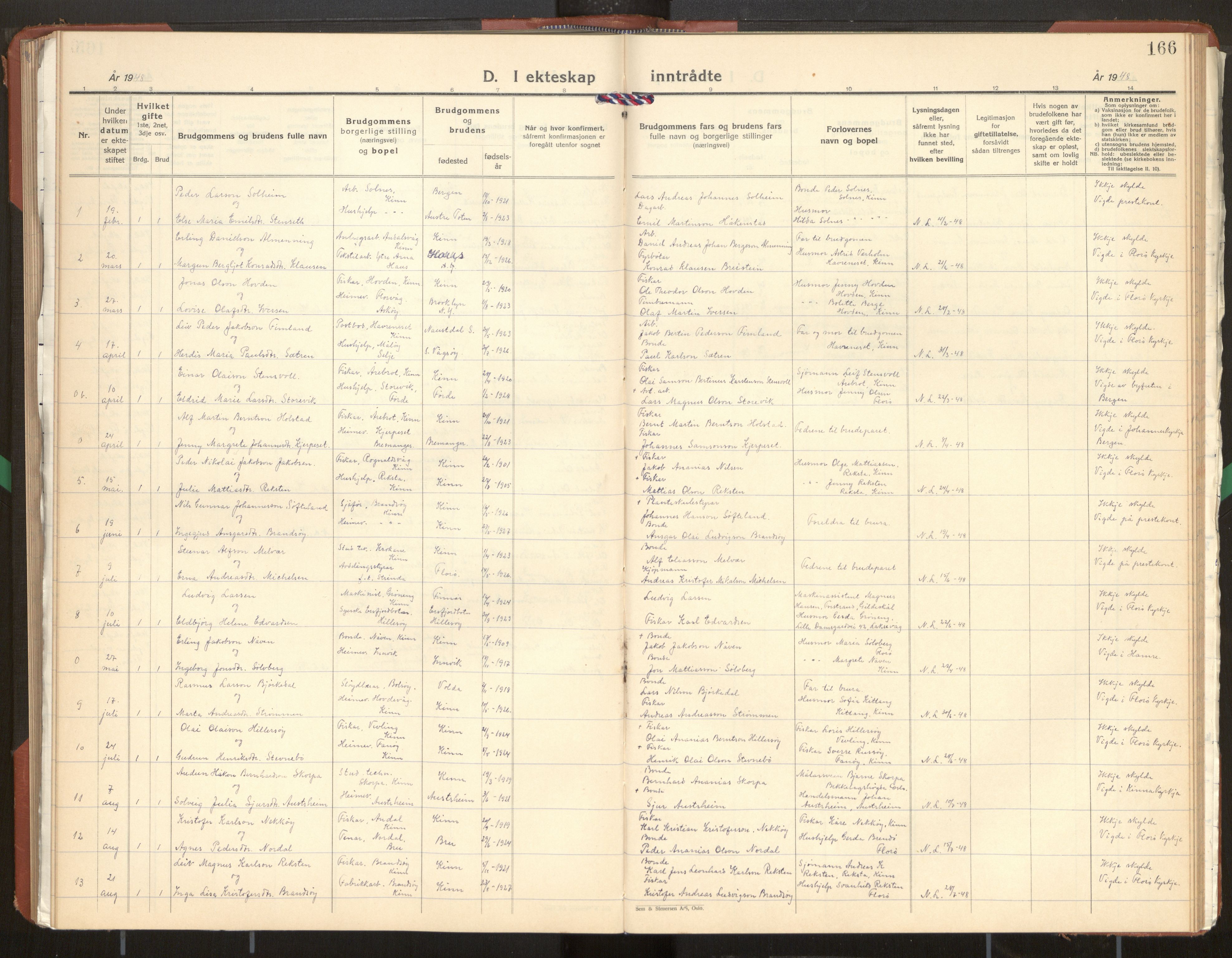 Kinn sokneprestembete, SAB/A-80801/H/Hab/Haba/L0003: Parish register (copy) no. A 3, 1939-1960, p. 166