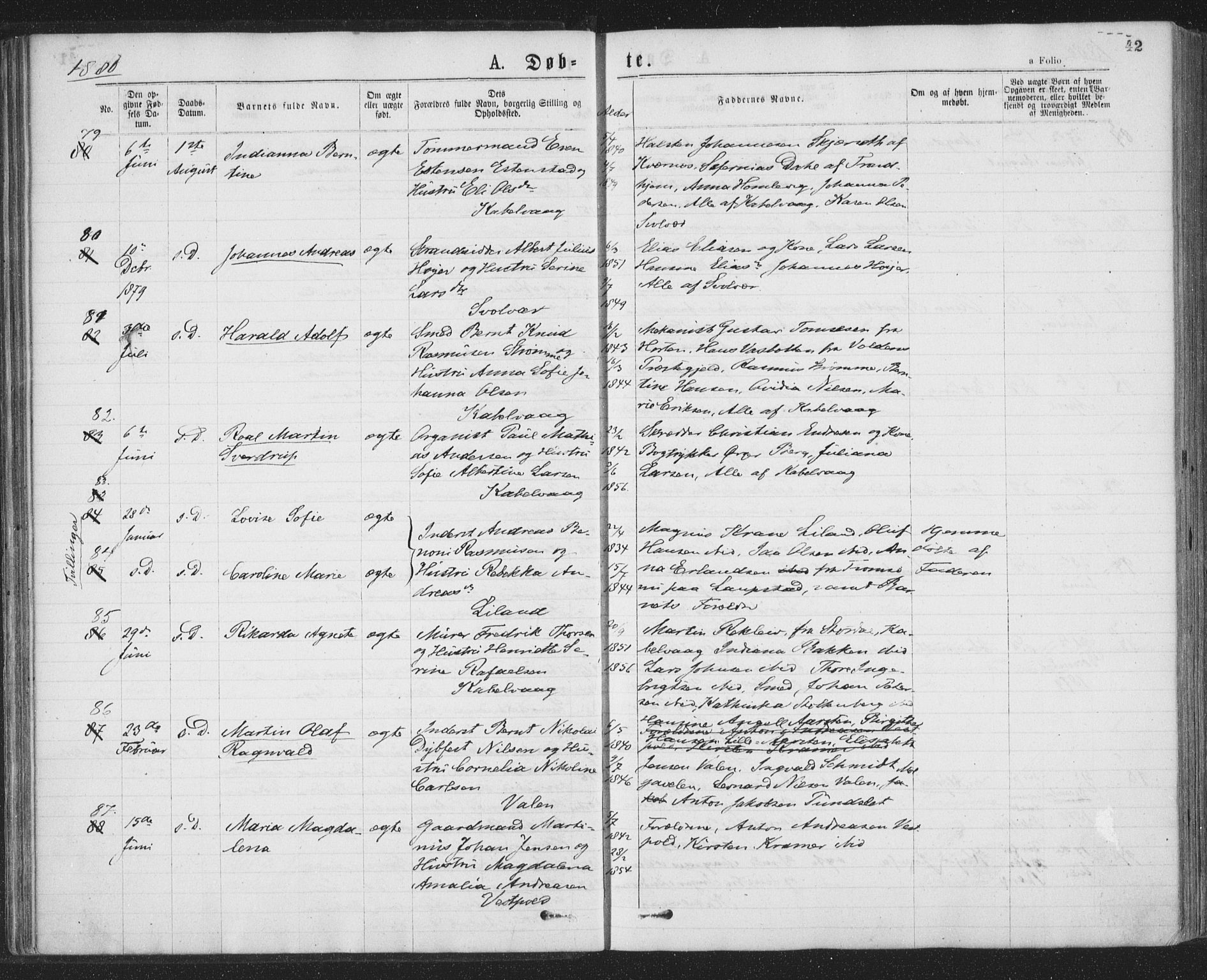 Ministerialprotokoller, klokkerbøker og fødselsregistre - Nordland, AV/SAT-A-1459/874/L1058: Parish register (official) no. 874A02, 1878-1883, p. 42