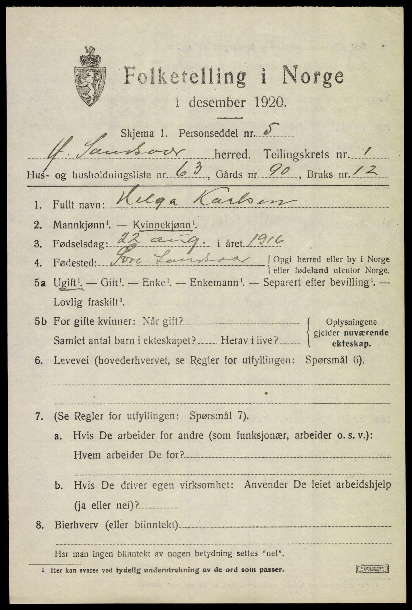 SAKO, 1920 census for Øvre Sandsvær, 1920, p. 1592