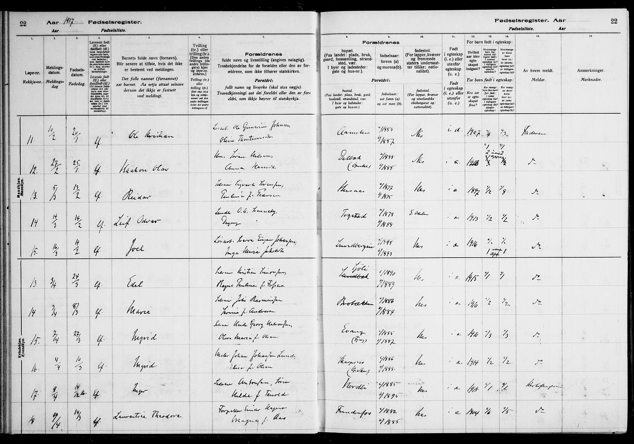 Nes prestekontor Kirkebøker, AV/SAO-A-10410/J/Ja/L0001: Birth register no. 1, 1916-1926, p. 22