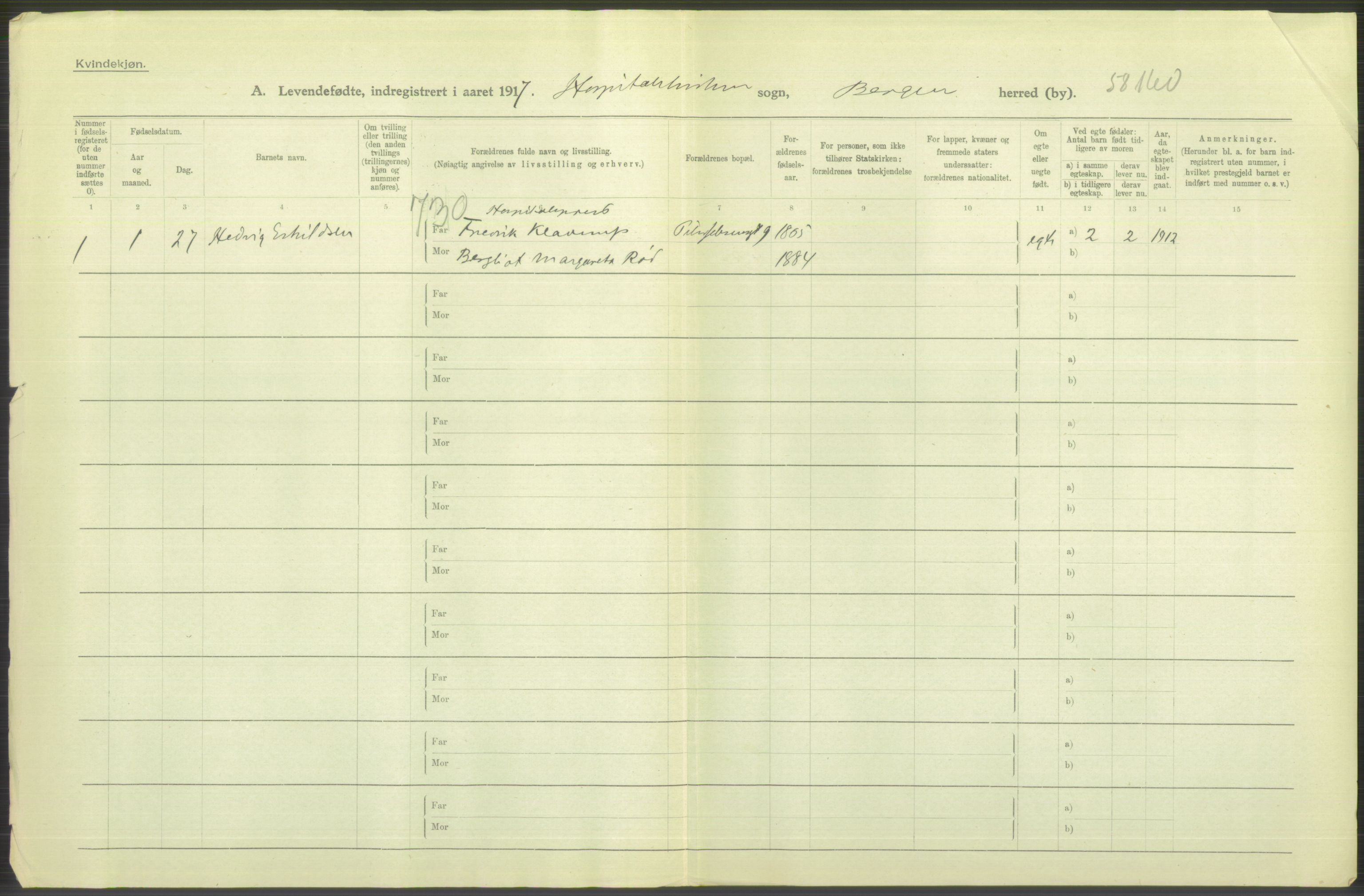 Statistisk sentralbyrå, Sosiodemografiske emner, Befolkning, AV/RA-S-2228/D/Df/Dfb/Dfbg/L0037: Bergen: Levendefødte menn og kvinner., 1917, p. 512