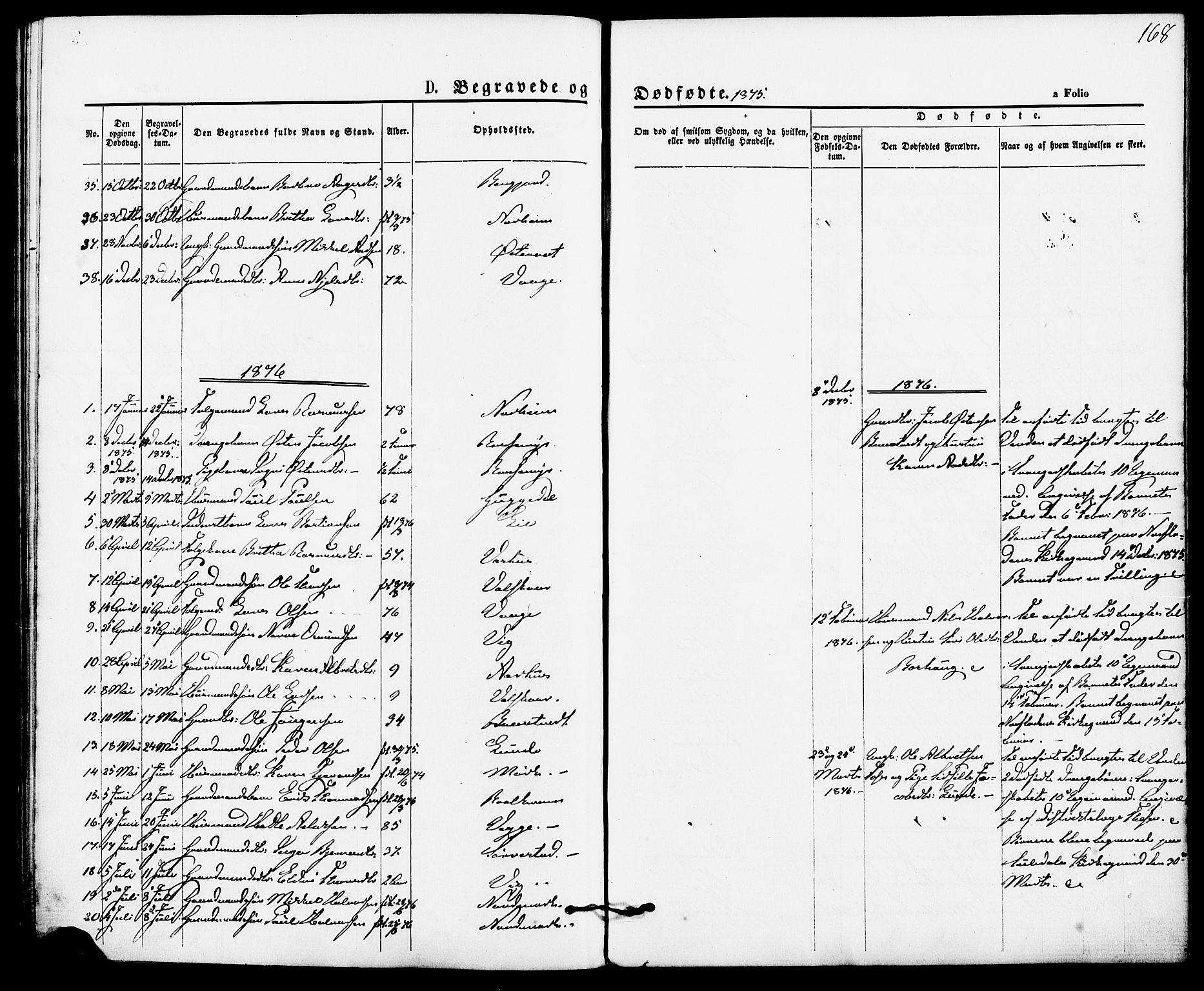 Suldal sokneprestkontor, AV/SAST-A-101845/01/IV/L0010: Parish register (official) no. A 10, 1869-1878, p. 168