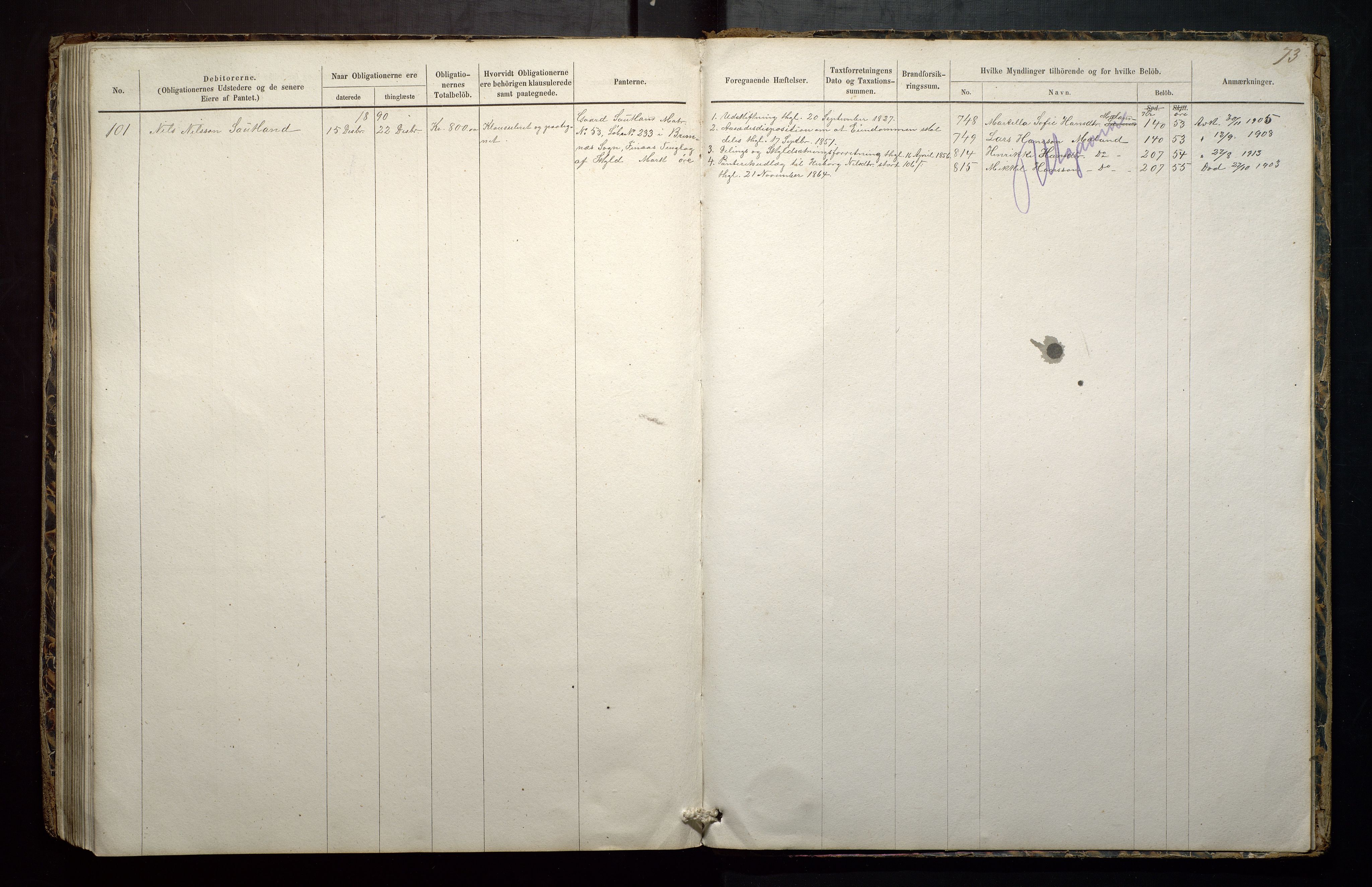 Finnaas kommune. Overformynderiet, IKAH/1218a-812/G/Gb/Gba/L0001: Obligasjonsprotokoll for Finnås overformynderi, 1848-1892, p. 73