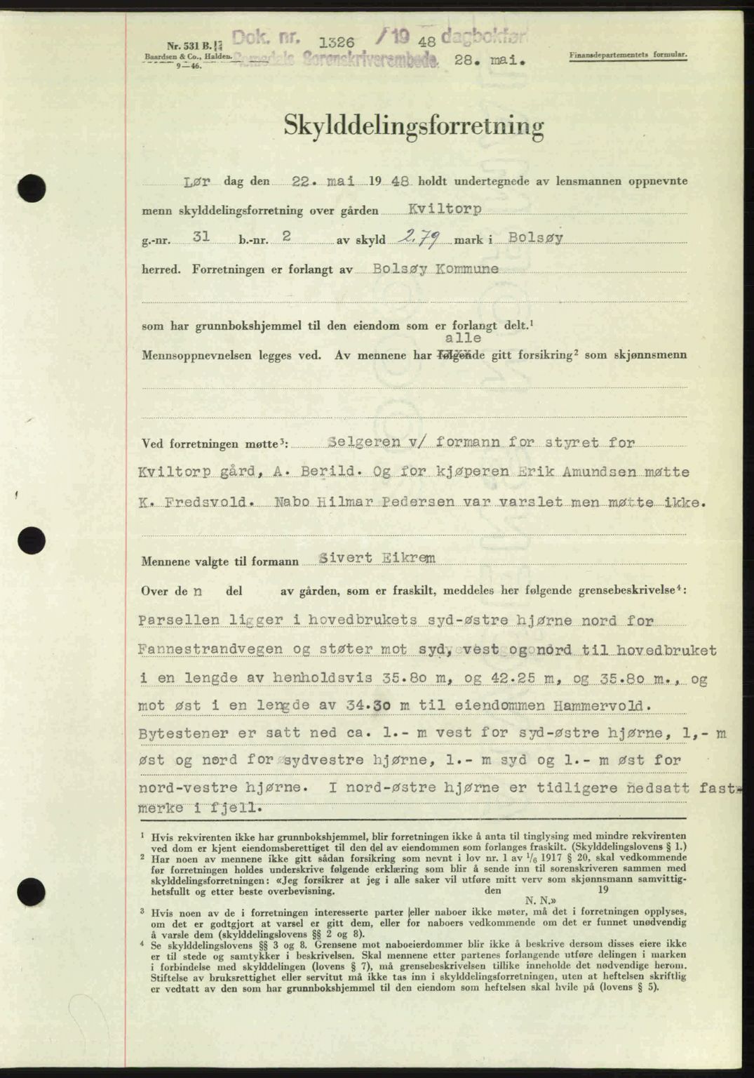 Romsdal sorenskriveri, AV/SAT-A-4149/1/2/2C: Mortgage book no. A26, 1948-1948, Diary no: : 1326/1948