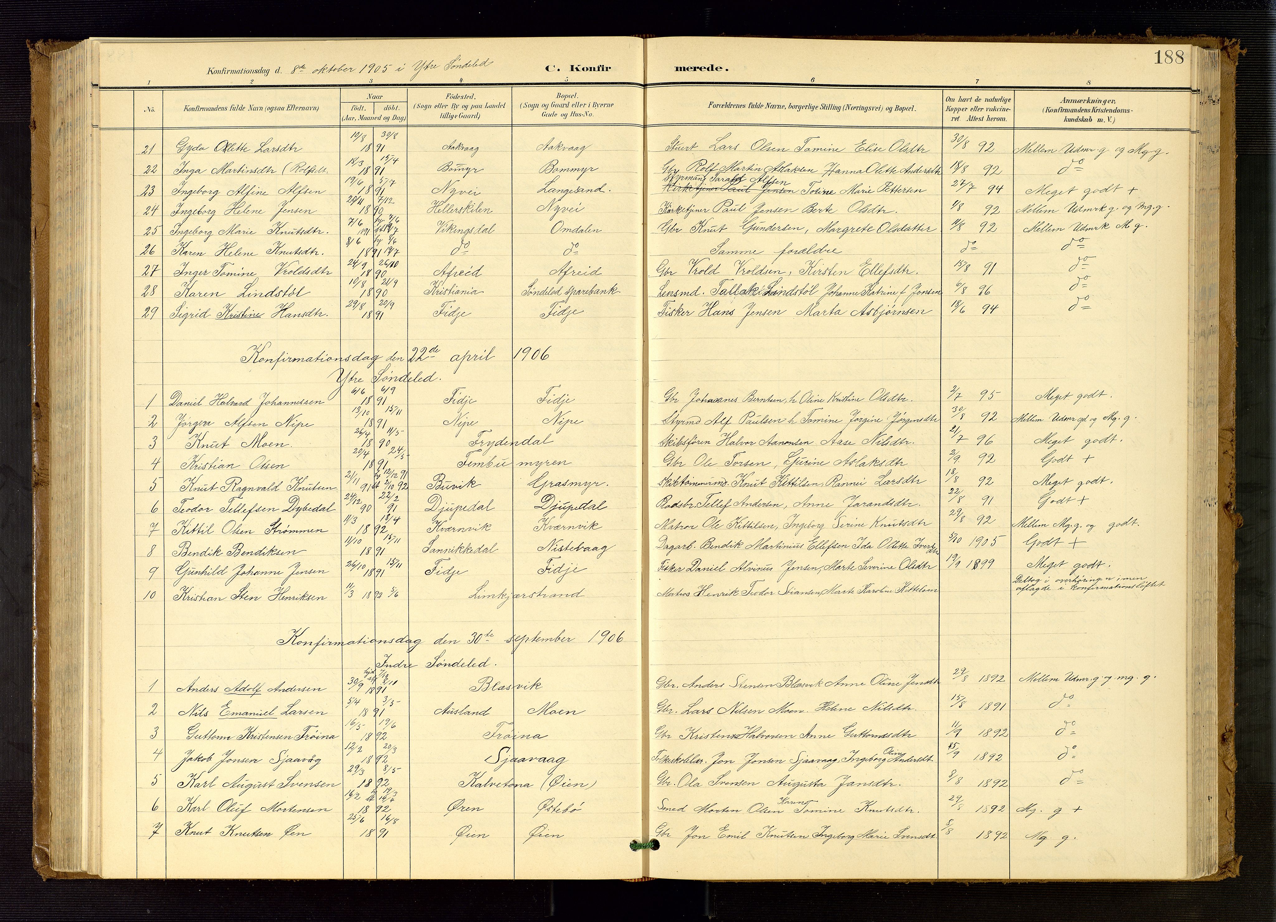 Søndeled sokneprestkontor, SAK/1111-0038/F/Fb/L0005: Parish register (copy) no. B 6, 1900-1962, p. 188