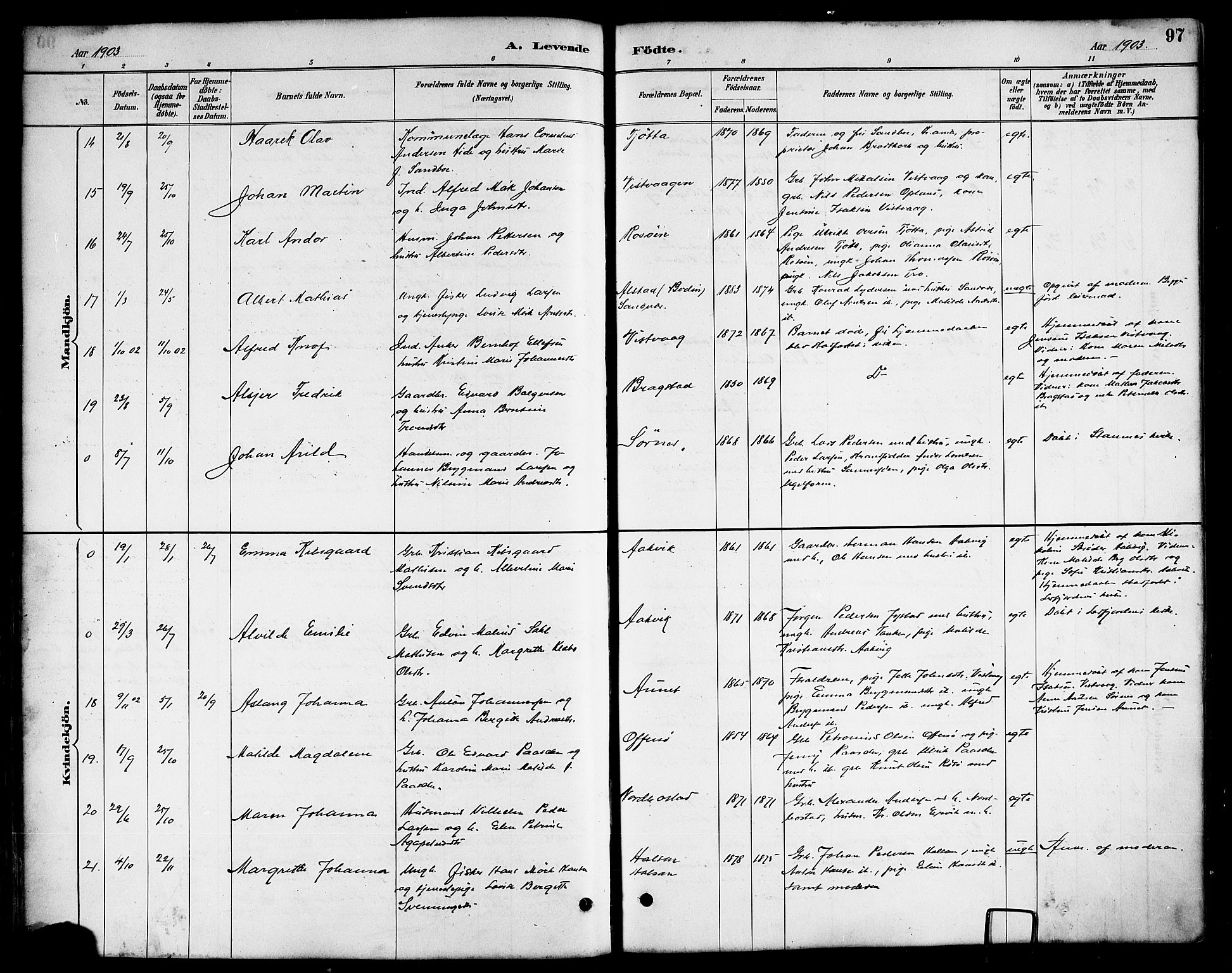 Ministerialprotokoller, klokkerbøker og fødselsregistre - Nordland, AV/SAT-A-1459/817/L0268: Parish register (copy) no. 817C03, 1884-1920, p. 97