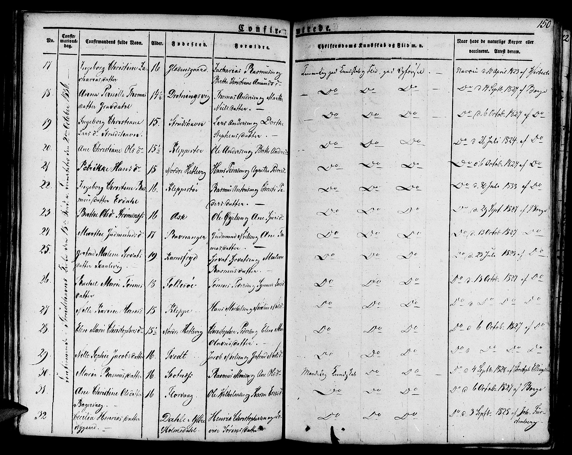 Askøy Sokneprestembete, SAB/A-74101/H/Ha/Haa/Haaa/L0004: Parish register (official) no. A 4, 1825-1845, p. 150