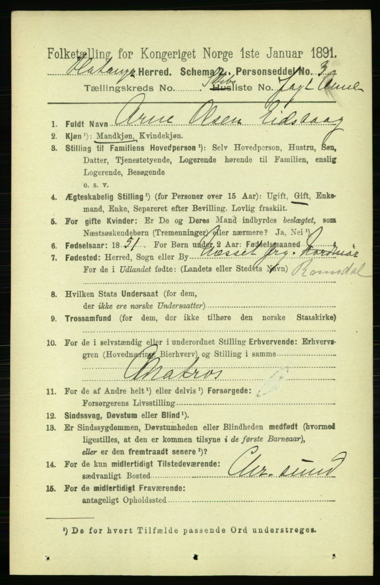 RA, 1891 census for 1749 Flatanger, 1891, p. 2204