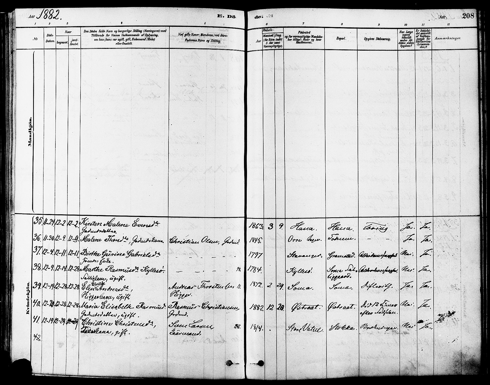 Høyland sokneprestkontor, SAST/A-101799/001/30BA/L0011: Parish register (official) no. A 10, 1878-1888, p. 208