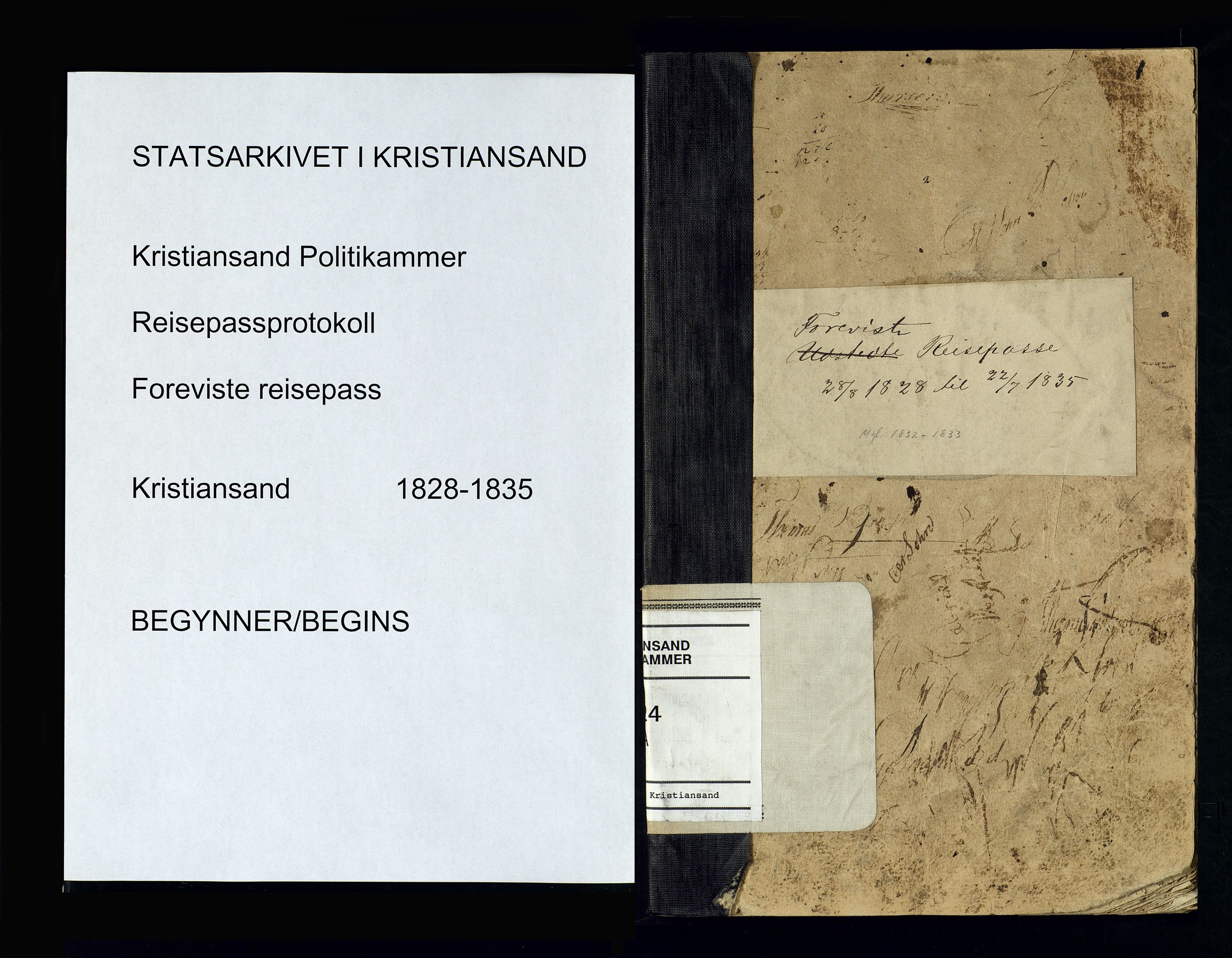 Kristiansand politikammer, SAK/1243-0004/K/Ka/L0224A: Reisepassprotokoll foreviste reisepass, 1828-1835, p. 1