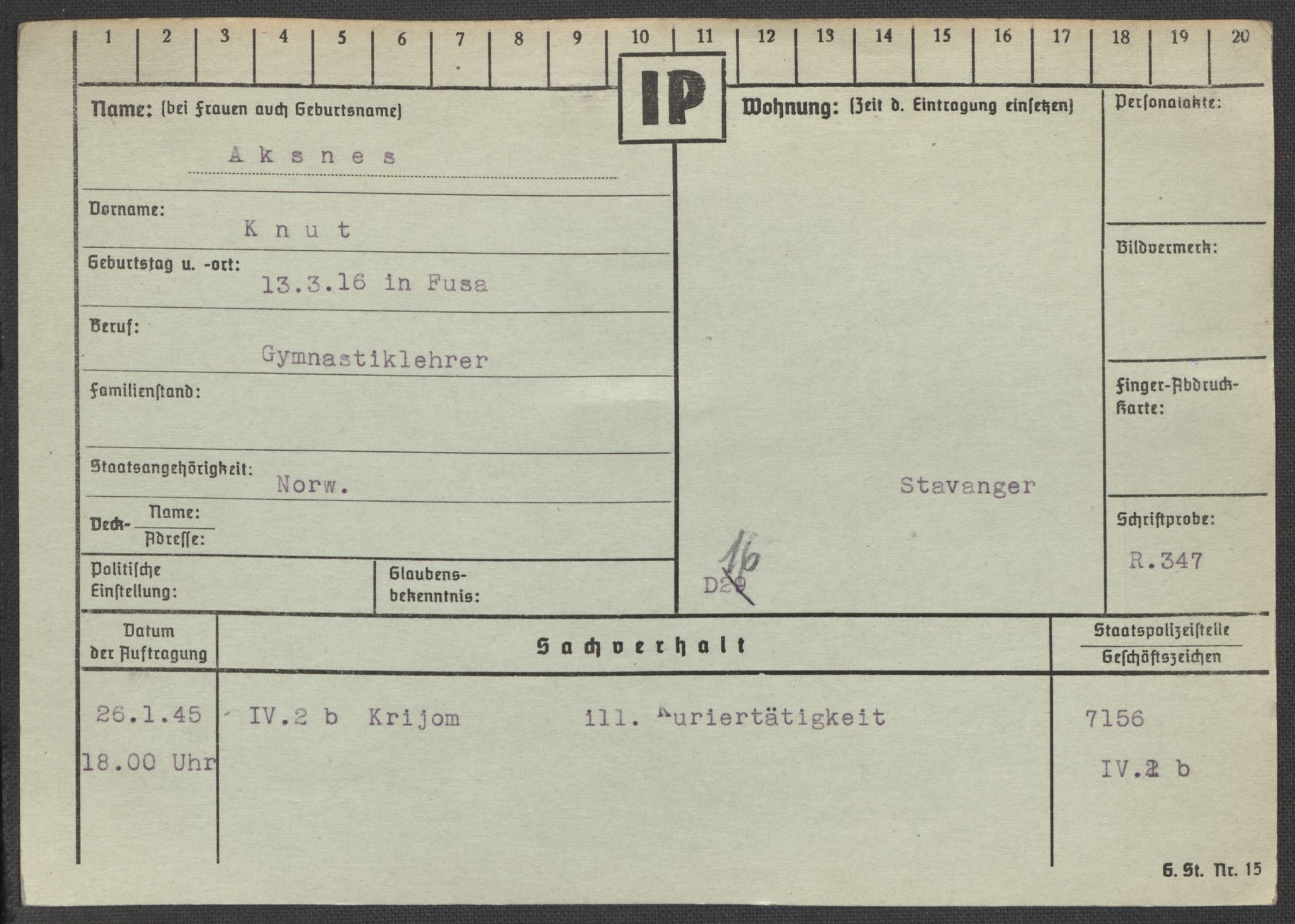 Befehlshaber der Sicherheitspolizei und des SD, AV/RA-RAFA-5969/E/Ea/Eaa/L0001: Register over norske fanger i Møllergata 19: A-Bj, 1940-1945, p. 52