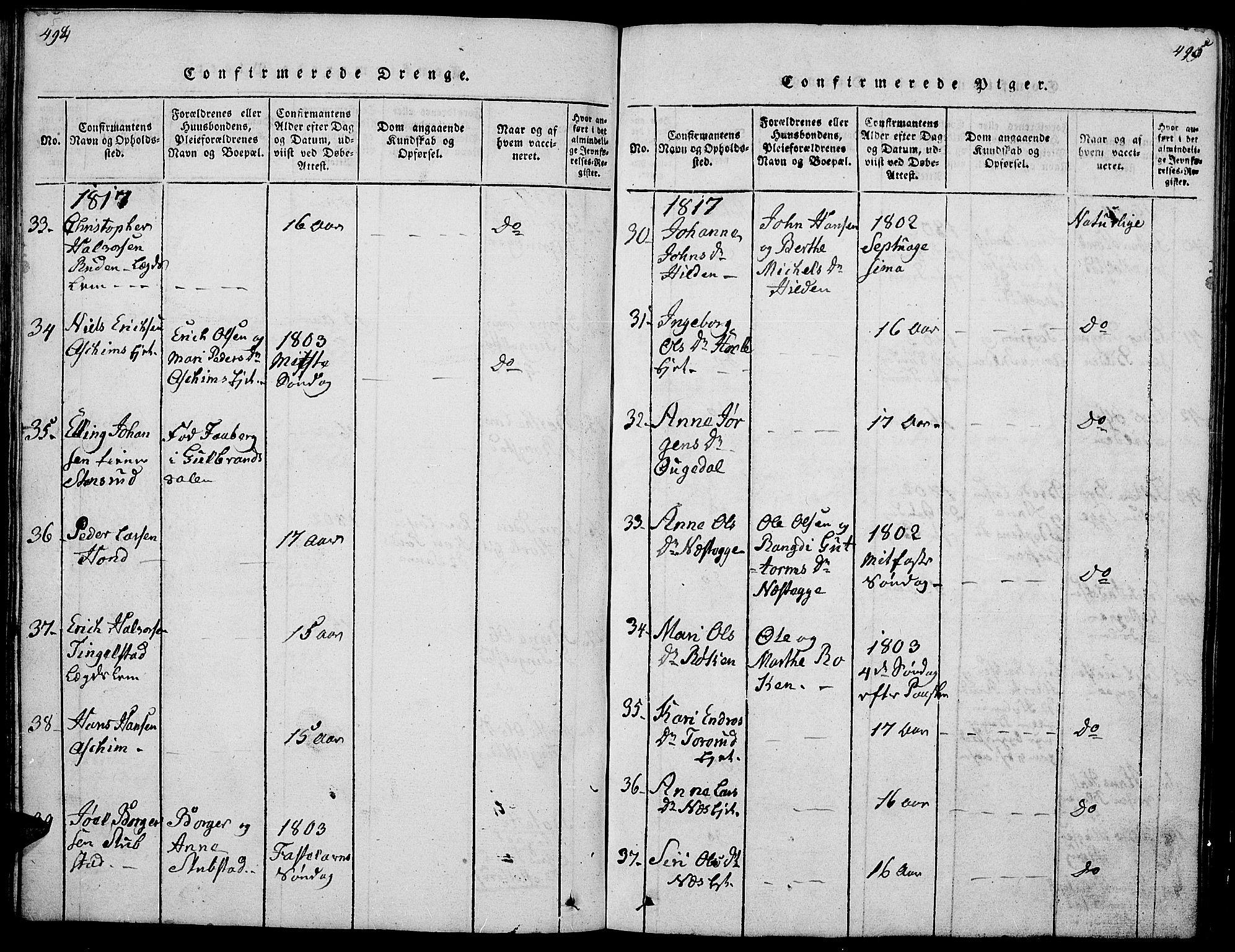 Gran prestekontor, SAH/PREST-112/H/Ha/Hab/L0001: Parish register (copy) no. 1, 1815-1824, p. 494-495