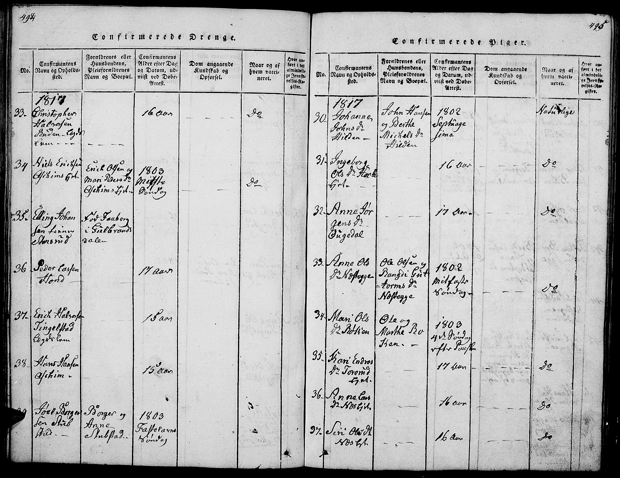 Gran prestekontor, AV/SAH-PREST-112/H/Ha/Hab/L0001: Parish register (copy) no. 1, 1815-1824, p. 494-495