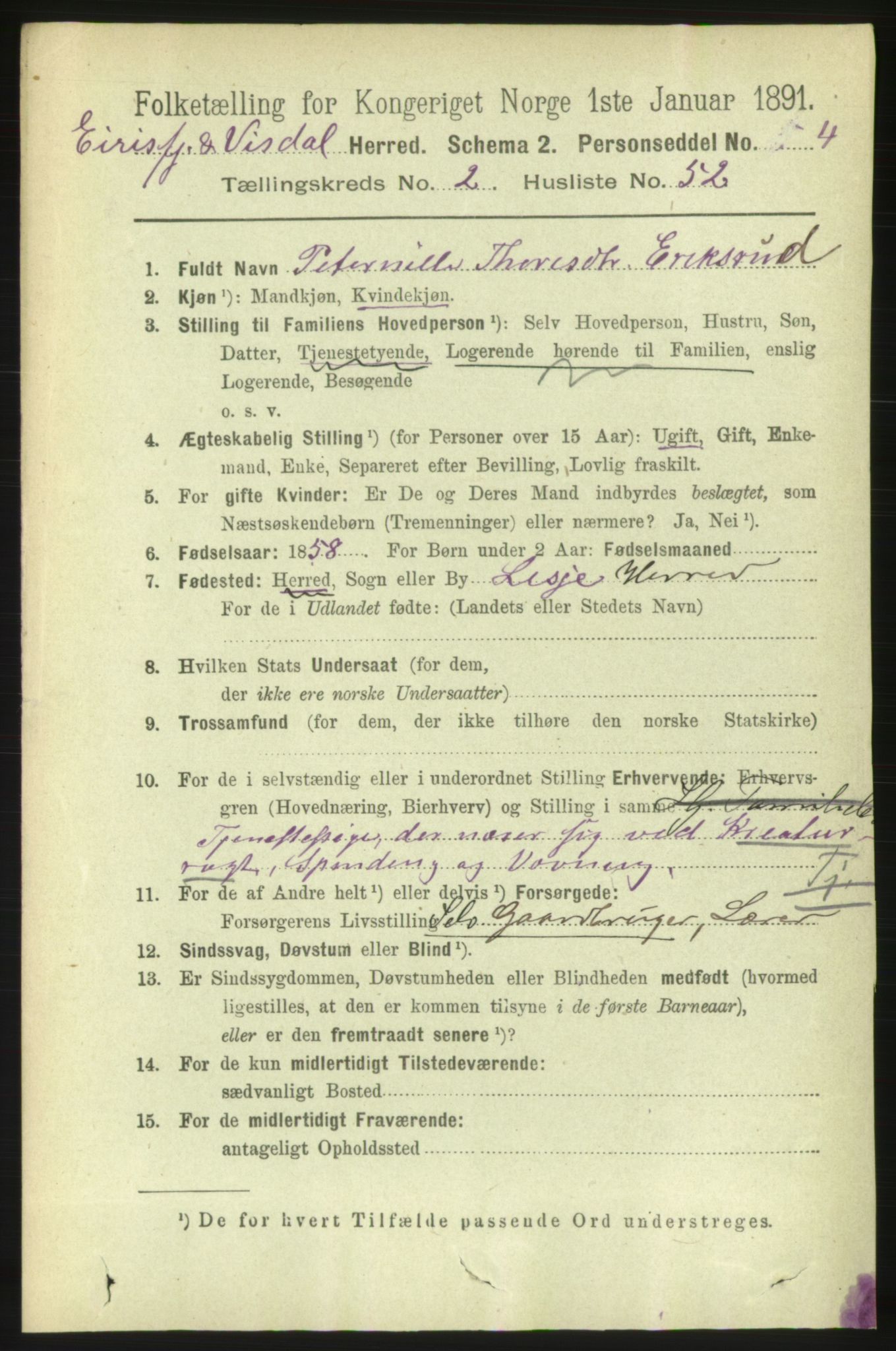 RA, 1891 census for 1542 Eresfjord og Vistdal, 1891, p. 589