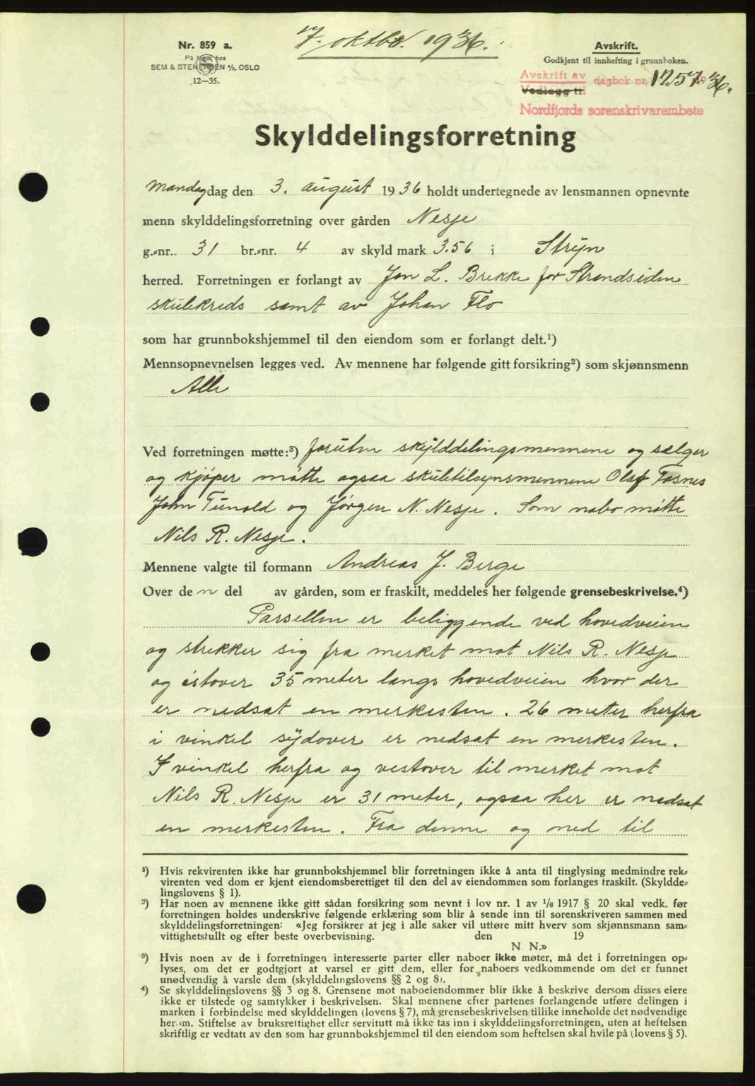 Nordfjord sorenskriveri, SAB/A-2801/02/02b/02bj/L0001: Mortgage book no. A1, 1936-1937, Diary no: : 1257/1936