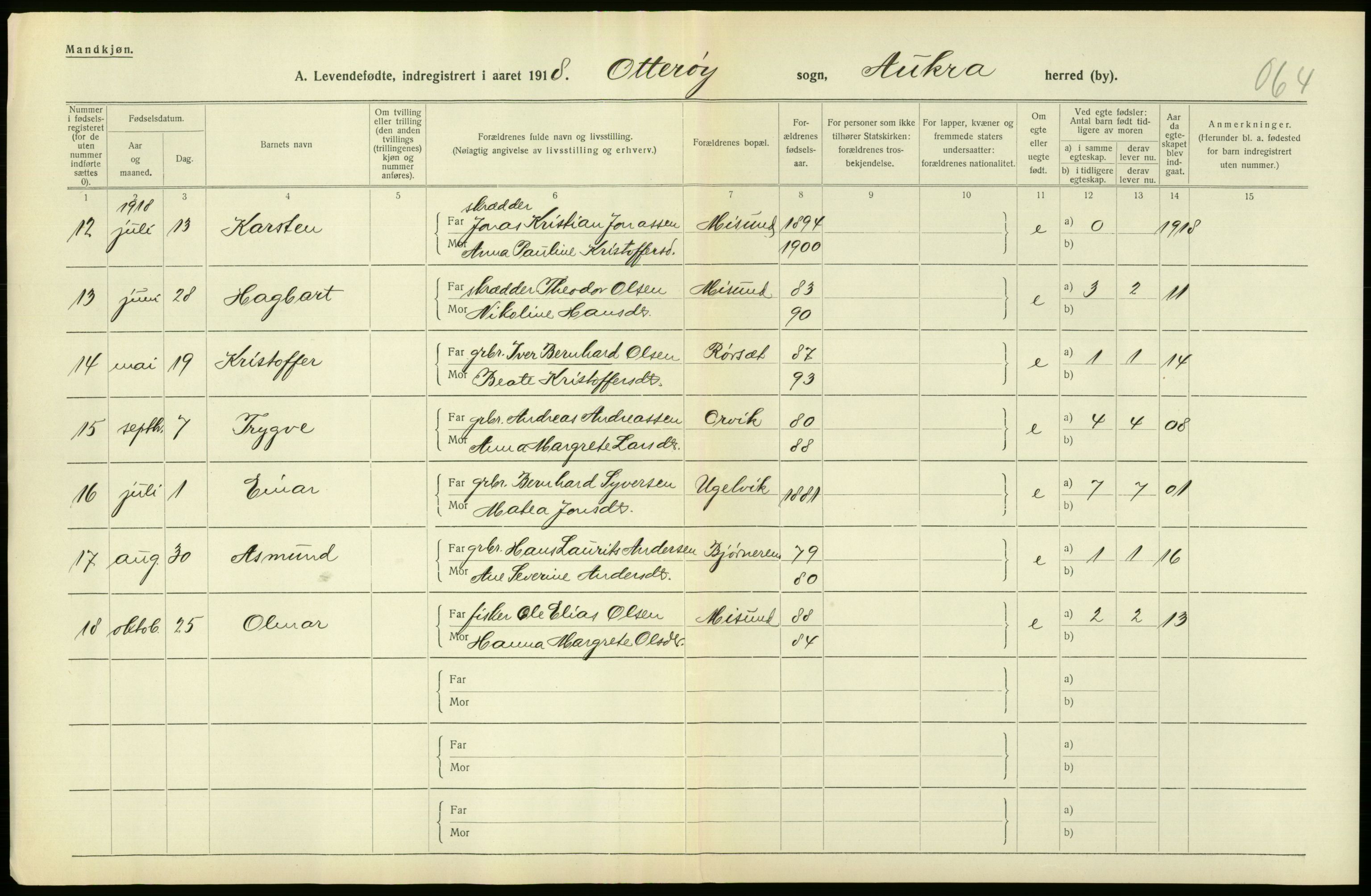 Statistisk sentralbyrå, Sosiodemografiske emner, Befolkning, RA/S-2228/D/Df/Dfb/Dfbh/L0043: Møre fylke: Levendefødte menn og kvinner. Bygder., 1918, p. 650