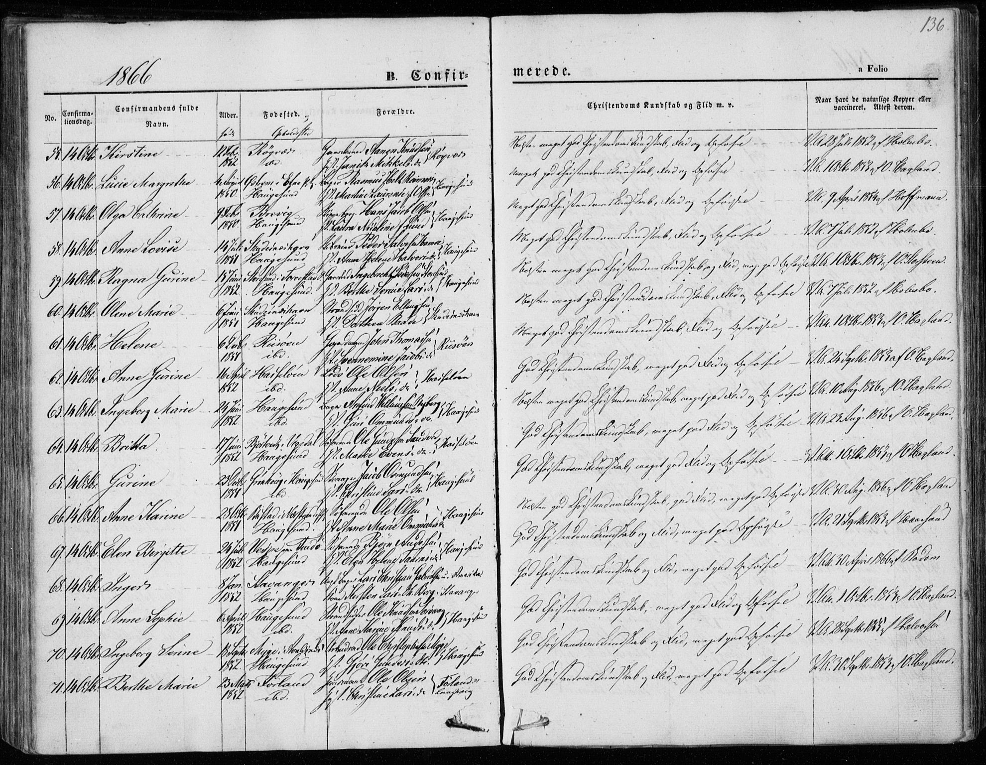 Torvastad sokneprestkontor, AV/SAST-A -101857/H/Ha/Haa/L0011: Parish register (official) no. A 11, 1857-1866, p. 136