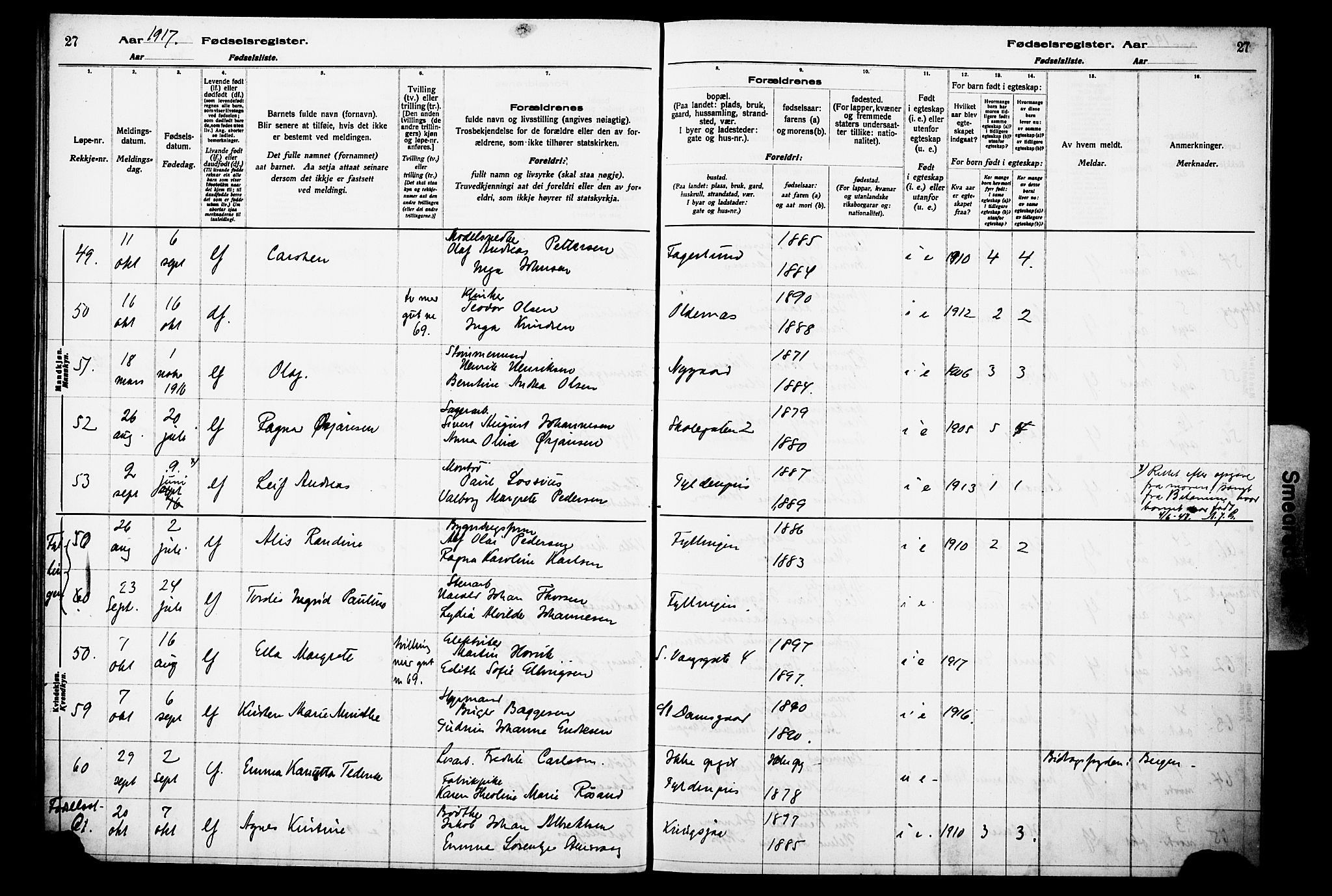 Laksevåg Sokneprestembete, SAB/A-76501/I/Id/L00A1: Birth register no. A 1, 1916-1926, p. 27