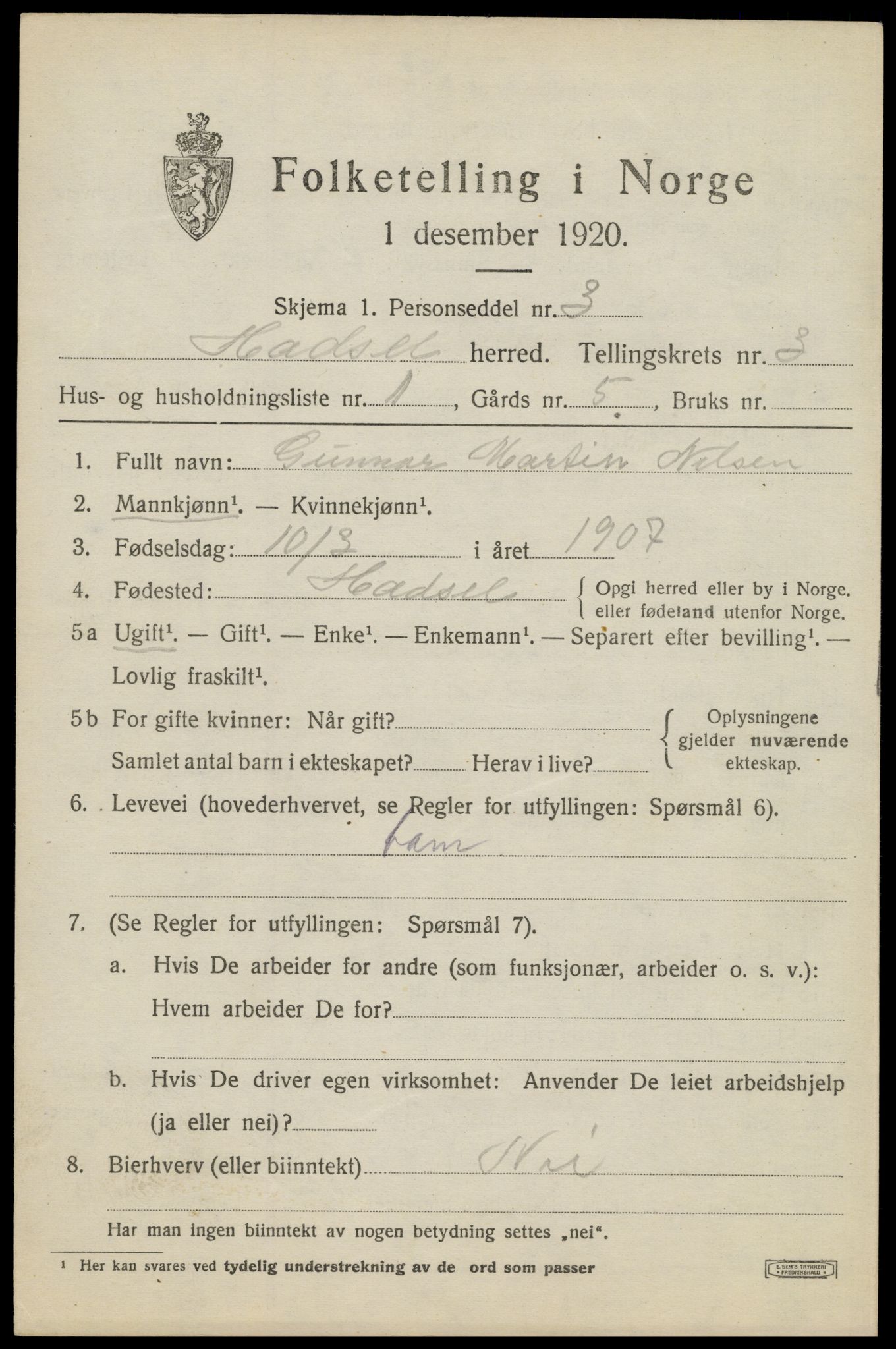 SAT, 1920 census for Hadsel, 1920, p. 5058