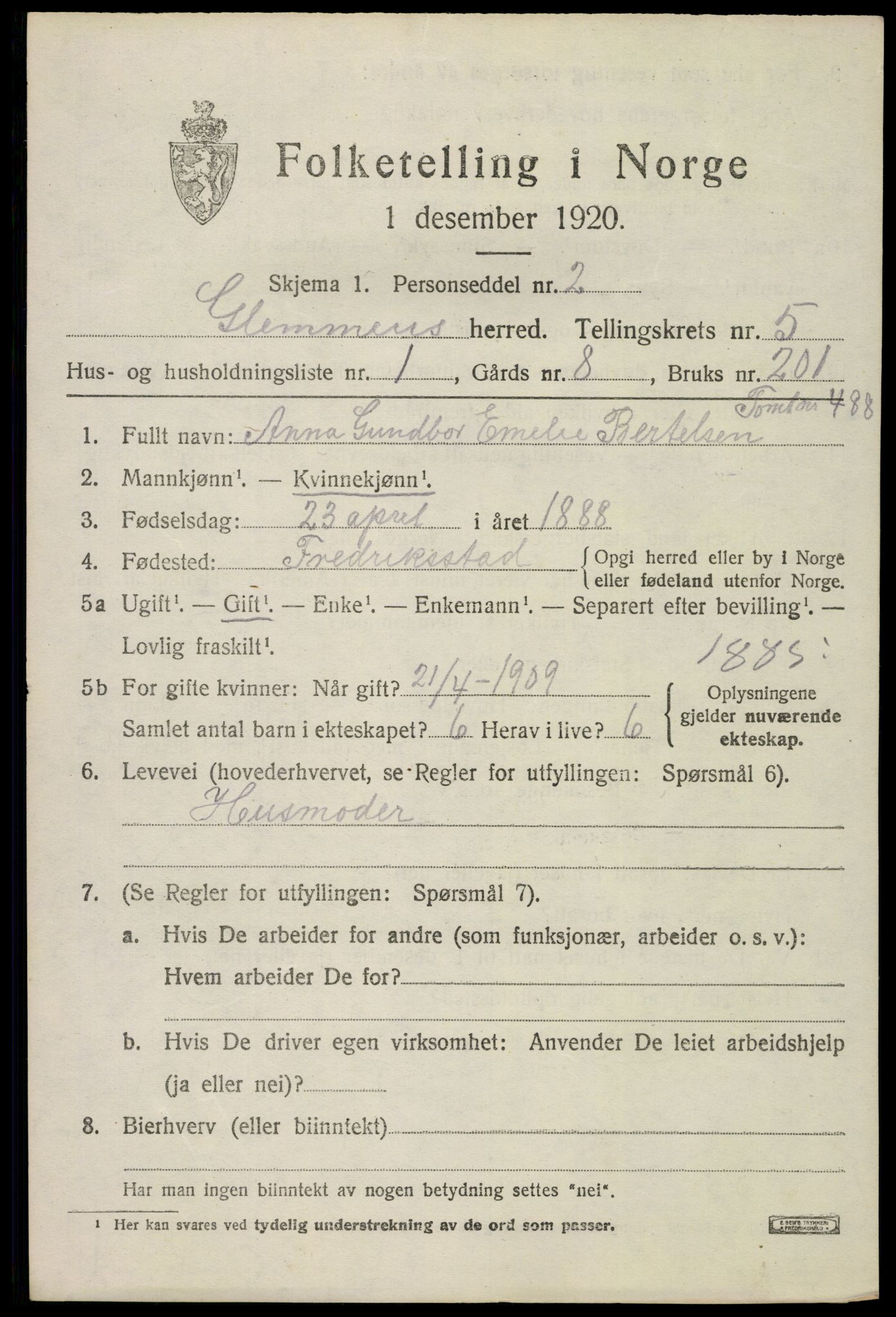 SAO, 1920 census for Glemmen, 1920, p. 16719