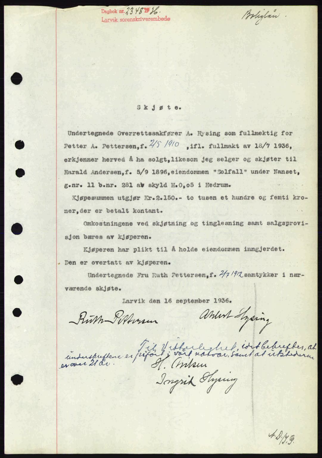 Larvik sorenskriveri, SAKO/A-83/G/Ga/Gab/L0067: Mortgage book no. A-1, 1936-1937, Diary no: : 2348/1936