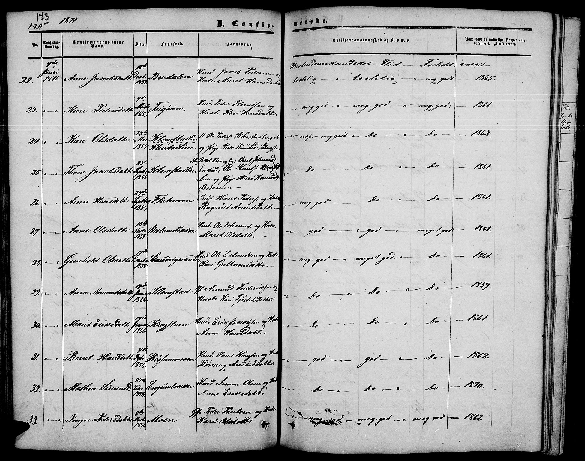 Nord-Fron prestekontor, SAH/PREST-080/H/Ha/Hab/L0003: Parish register (copy) no. 3, 1851-1886, p. 173
