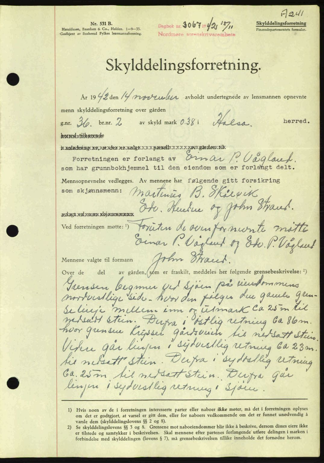 Nordmøre sorenskriveri, AV/SAT-A-4132/1/2/2Ca: Mortgage book no. A94, 1942-1943, Diary no: : 3067/1942